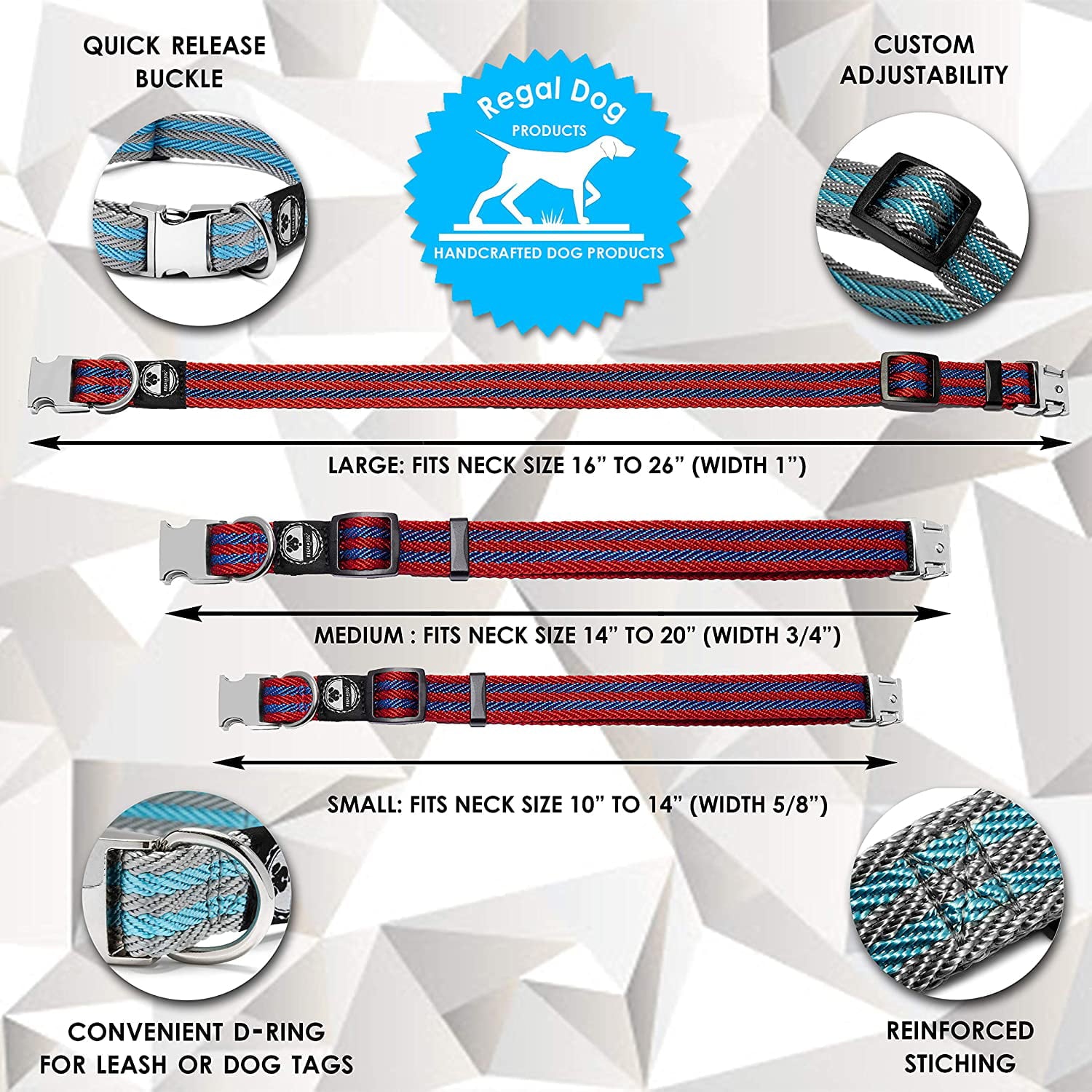 Regal Dog Products Dog Collar with Metal Buckle and D Ring - Fits Small， Medium， Large Dogs