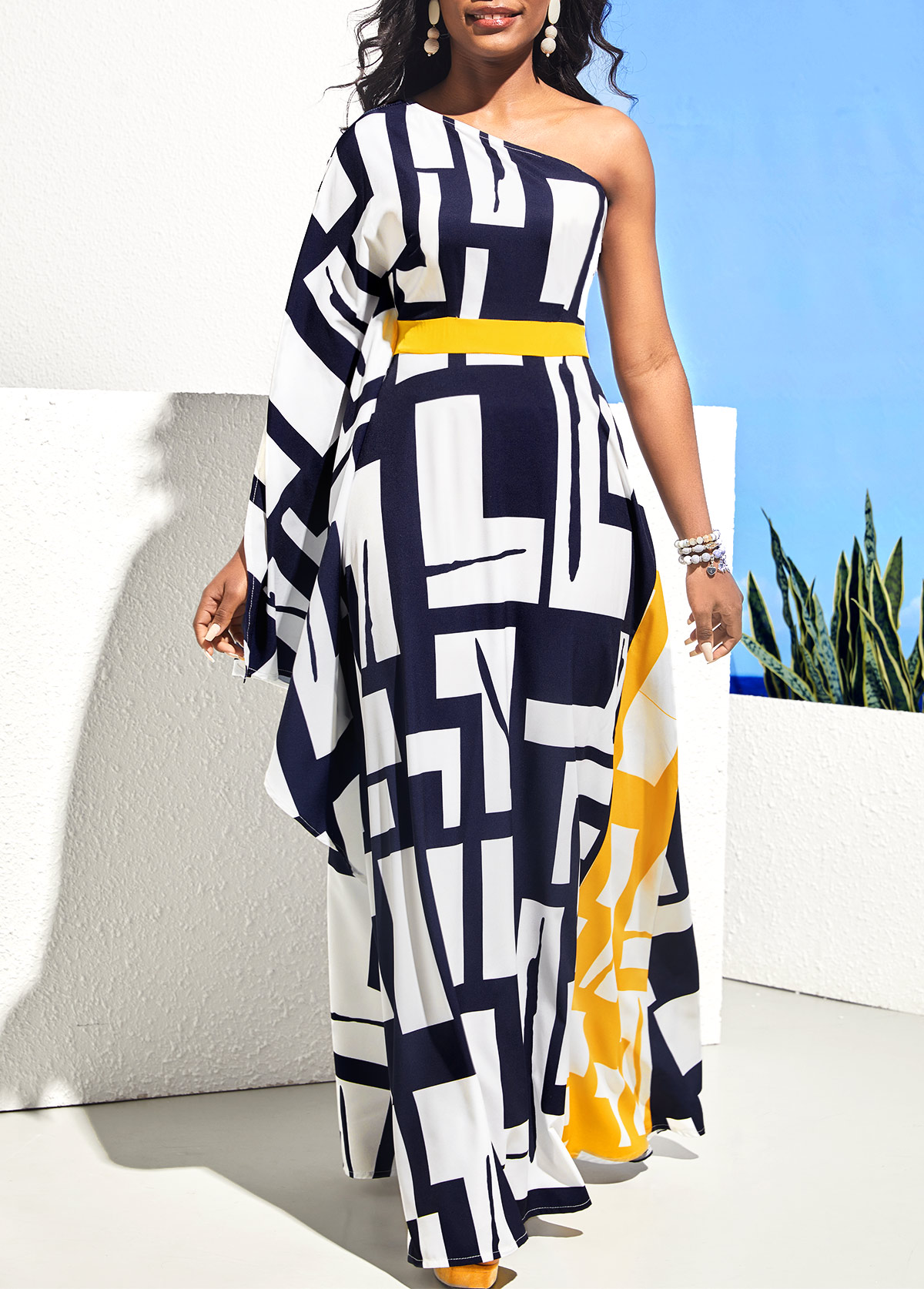 One Shoulder Navy Blue Geometric Print Maxi Dress
