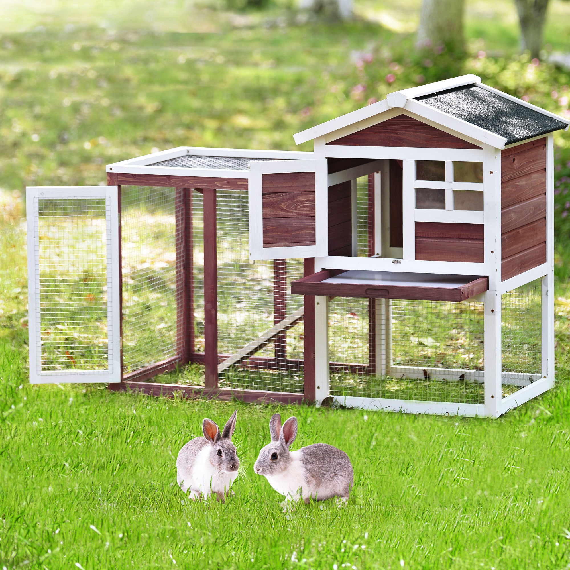 CoSoTower Upgrade Natural Wood House Pet Supplies Small Animals House Rabbit Hutch，Auburn+White