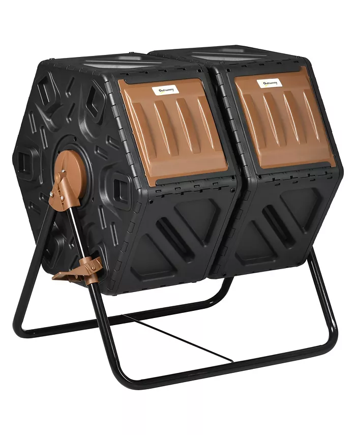 Outsunny Dual Chamber Compost Bin， Rotating Composter， Compost Tumbler with Ventilation Openings and Steel Legs， 34.5 Gallon
