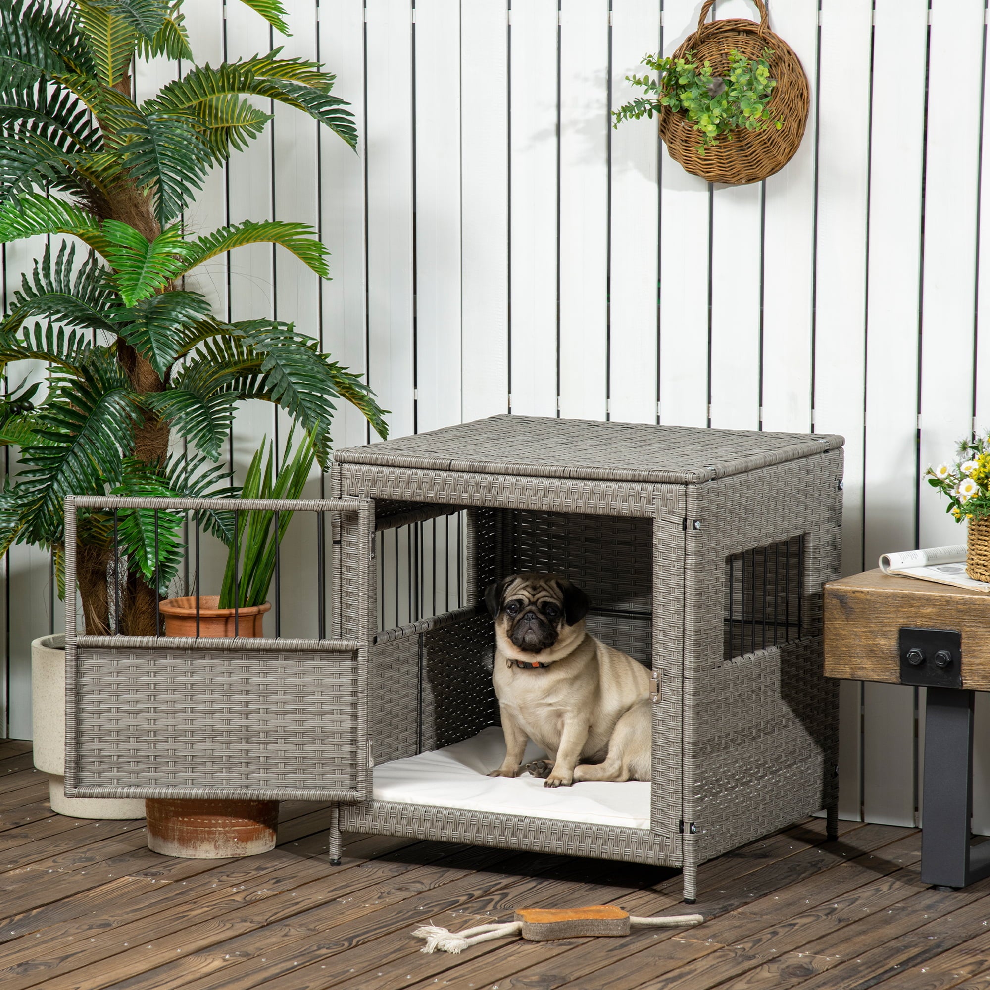 PawHut Rattan Dog Crate， Wicker Dog Cage with Lockable Door and Soft Washable Cushion， Dog Kennel Furniture for Small Sized Dogs， Grey