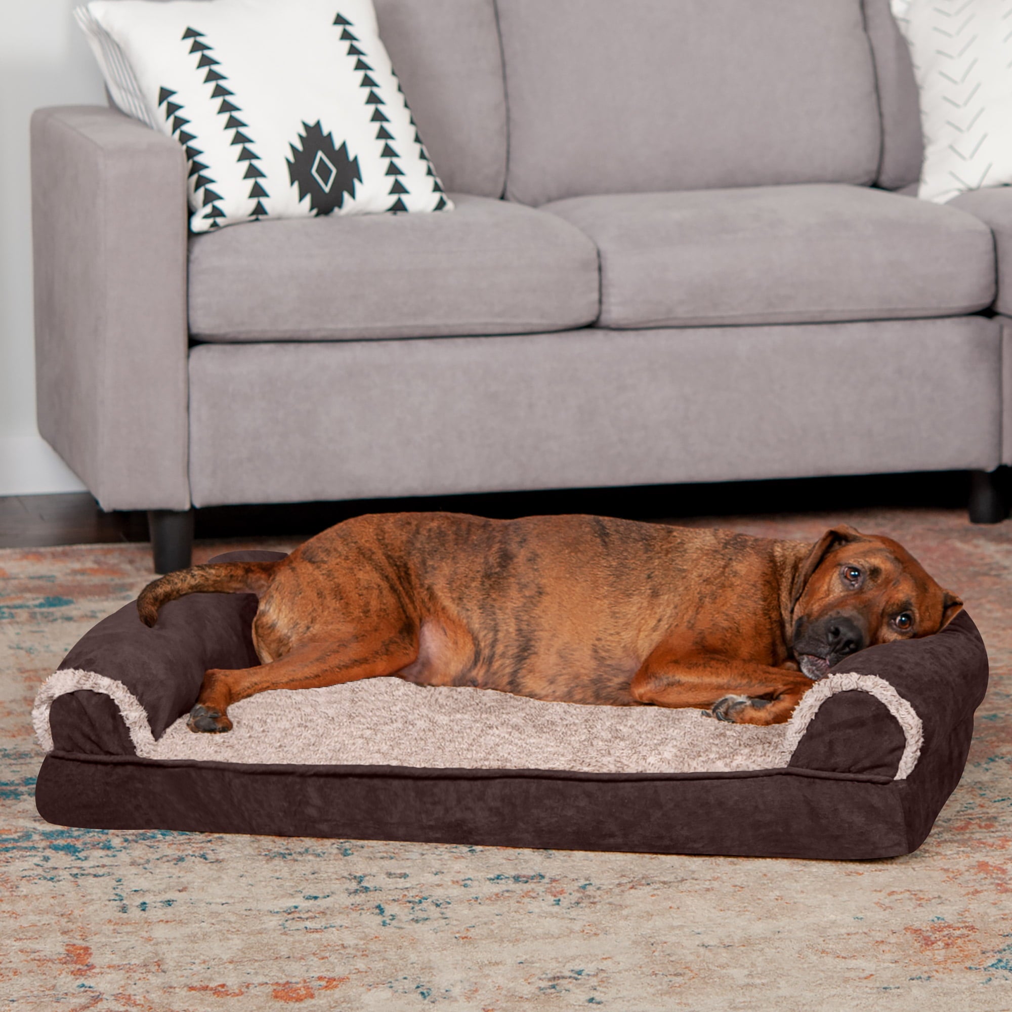 FurHaven Pet Products | Cooling Gel Memory Foam Orthopedic Two-Tone Faux Fur and Suede Sofa-Style Couch Pet Bed for Dogs and Cats， Espresso， Large