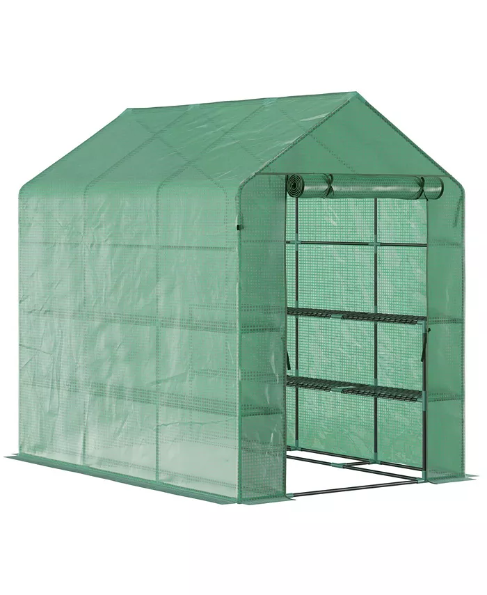 Outsunny 7' x 5' x 6' Outdoor Walk In Greenhouse， PE Cover， Shelves， Door Green