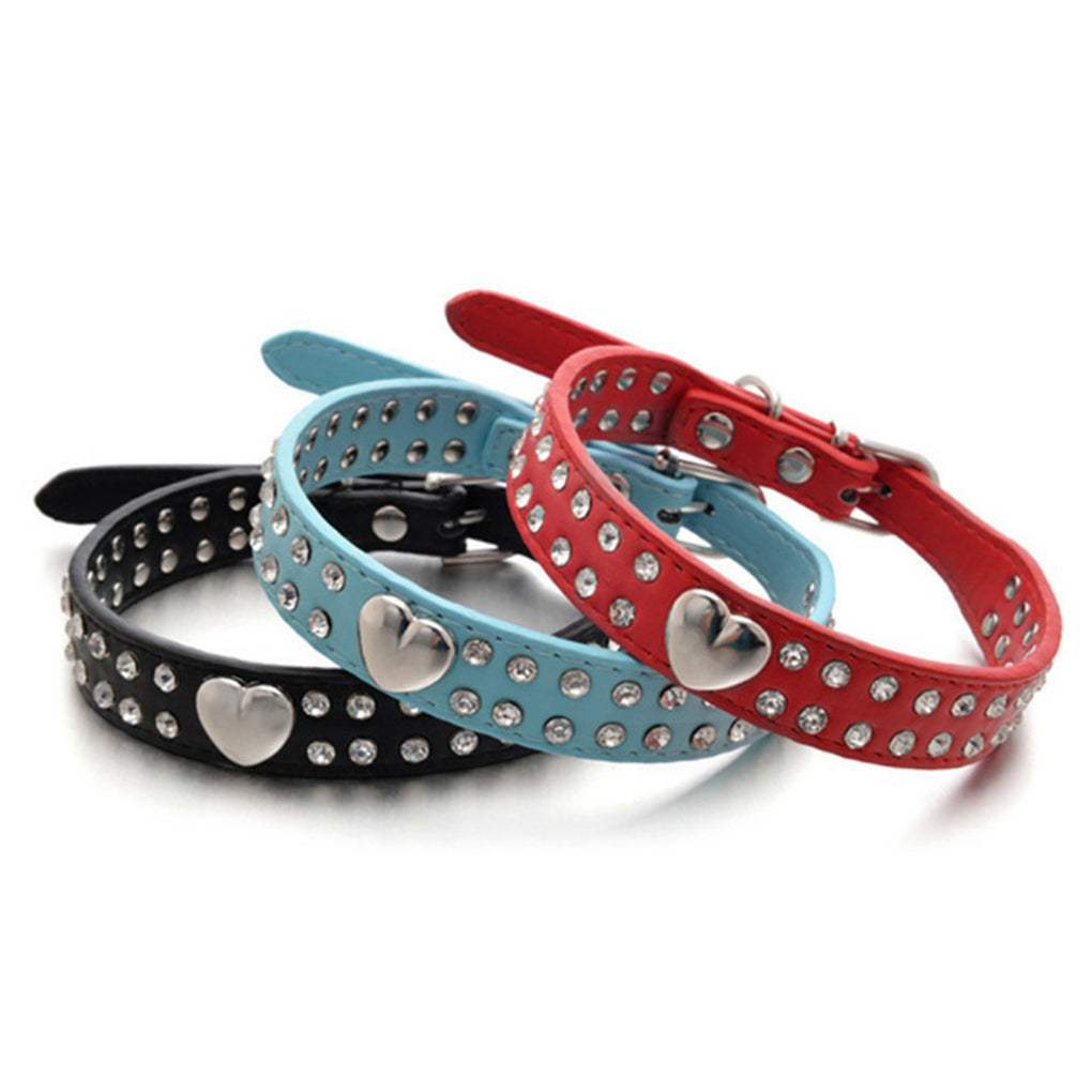 Pet Collar Rhinestones Crystal Heart PU Leather Pet Necklace Jewelry Holiday Gift，Blue，XXS