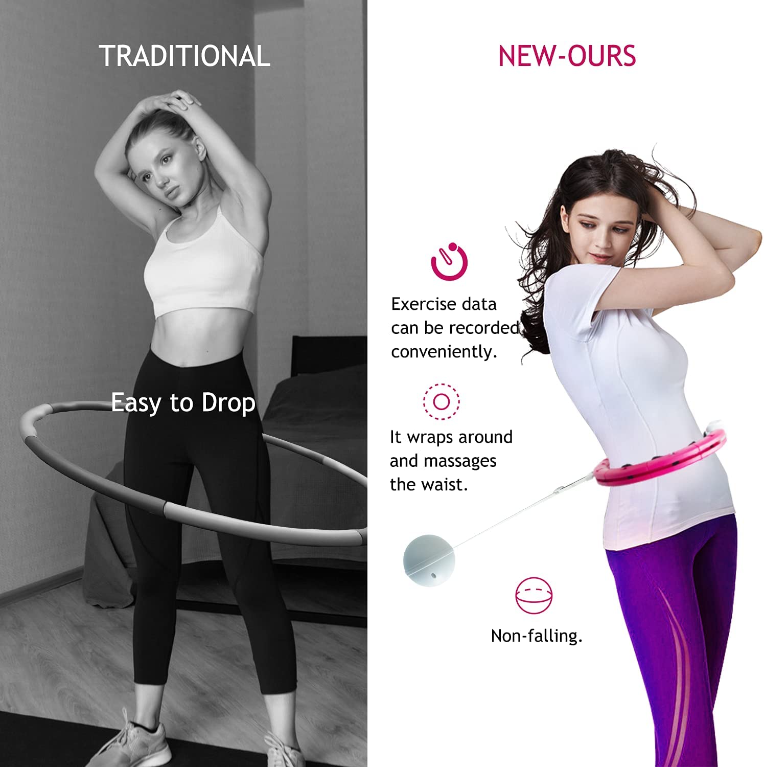 Maylai Smart Weighted Hoola Fitness Hoop， Magnetic Exercise Hoop， Fitness Hoop with Intelligent Counter+Adjustable Auto-Spinning Ball， for Adults Weight Loss， for Kids， Detachable， Not Fall