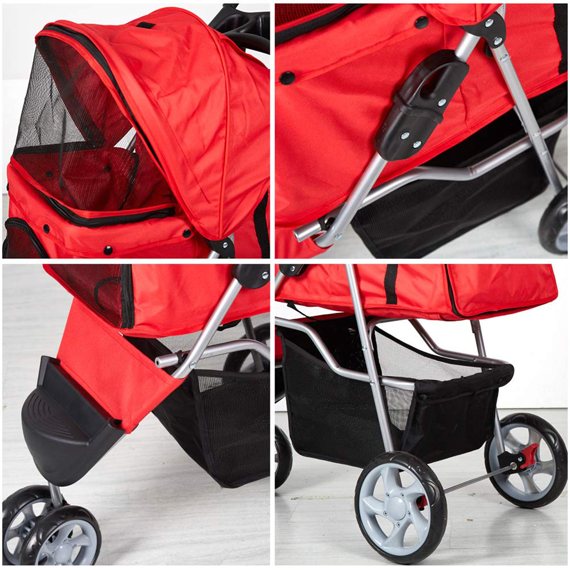 Karmas Product Folding Dog Stroller Cage Portable Travel Carrier with 3 Wheels ， red