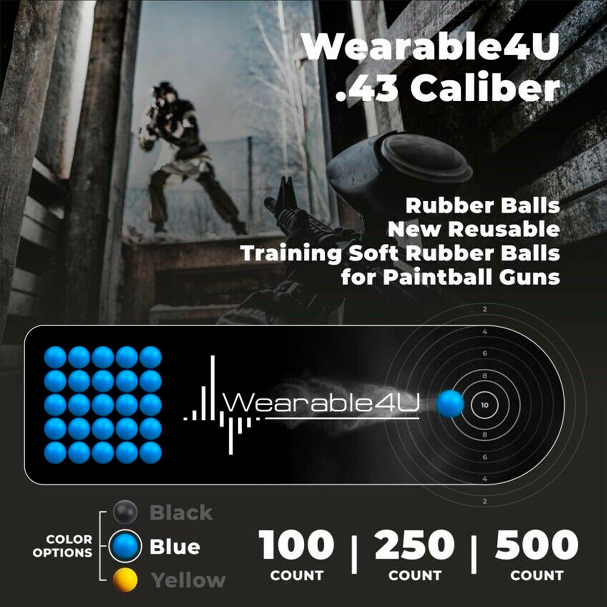 Wearable4U New Reusable Training Soft Rubber Balls 100 pack .43 Caliber (Blue Color)
