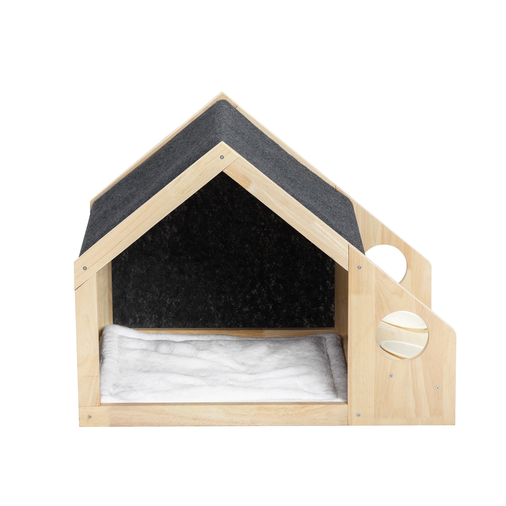 Gecheer 2-In-1 Wood Dog House Indoor， Cabin Dog Kennel with Cushioned Bed， Cover Scratcher， Feeding Bowls， Pet Habitat for Cats， Small and Medium Dogs， Natural and Gray