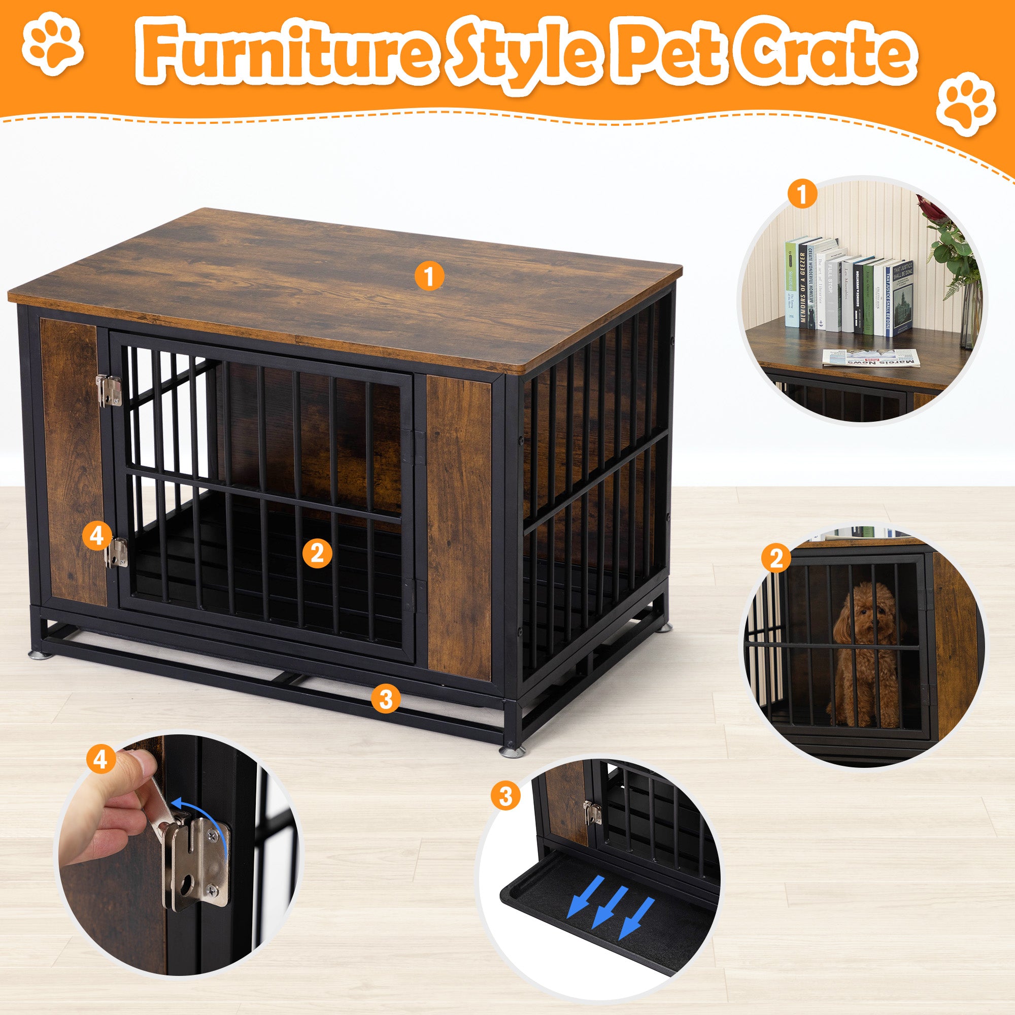 33 Inches Dog Crate Furniture， Heavy Duty Decorative Pet Cage Kennel with Tabletop， Wood Metal Dog House Indoor with Removable Tray for Small Dog
