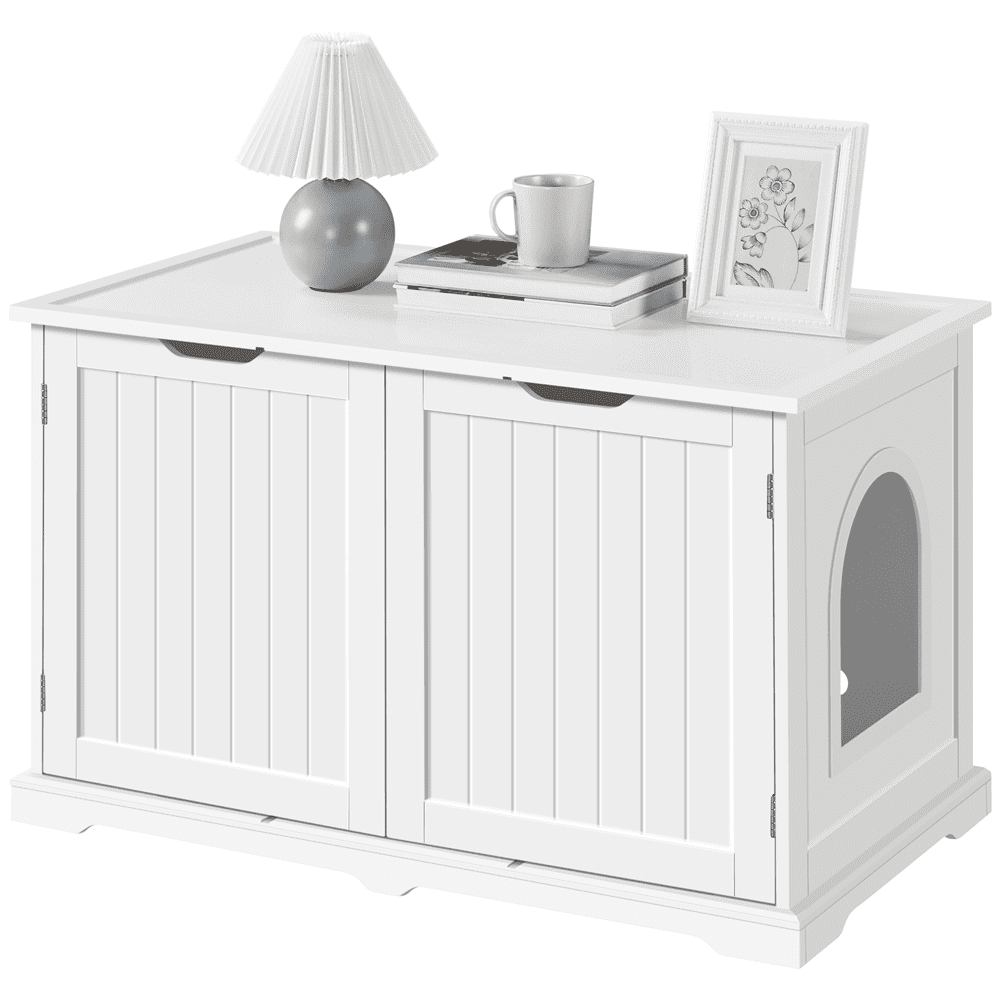 Topeakmart Wooden Cat Litter Box Enclosure with Partition Wall， White