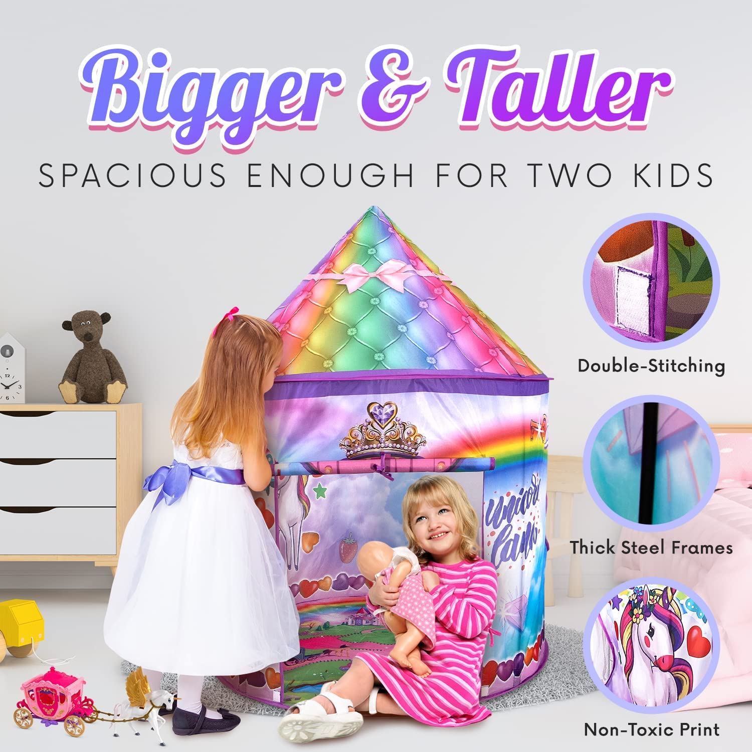 Homeries Unicorn Kids Tent - Sturdy, Large Play Tent Castle Set with Unicorn Chariot Toy & 8 Modes of Mystical LED Lights