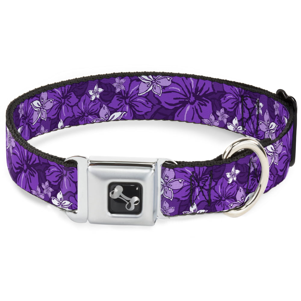 Buckle-Down Pet Collar， Dog Collar Metal Seatbelt Buckle， Hibiscus Collage Purple Shades， 16 to 23 Inches 1.5 Inch Wide