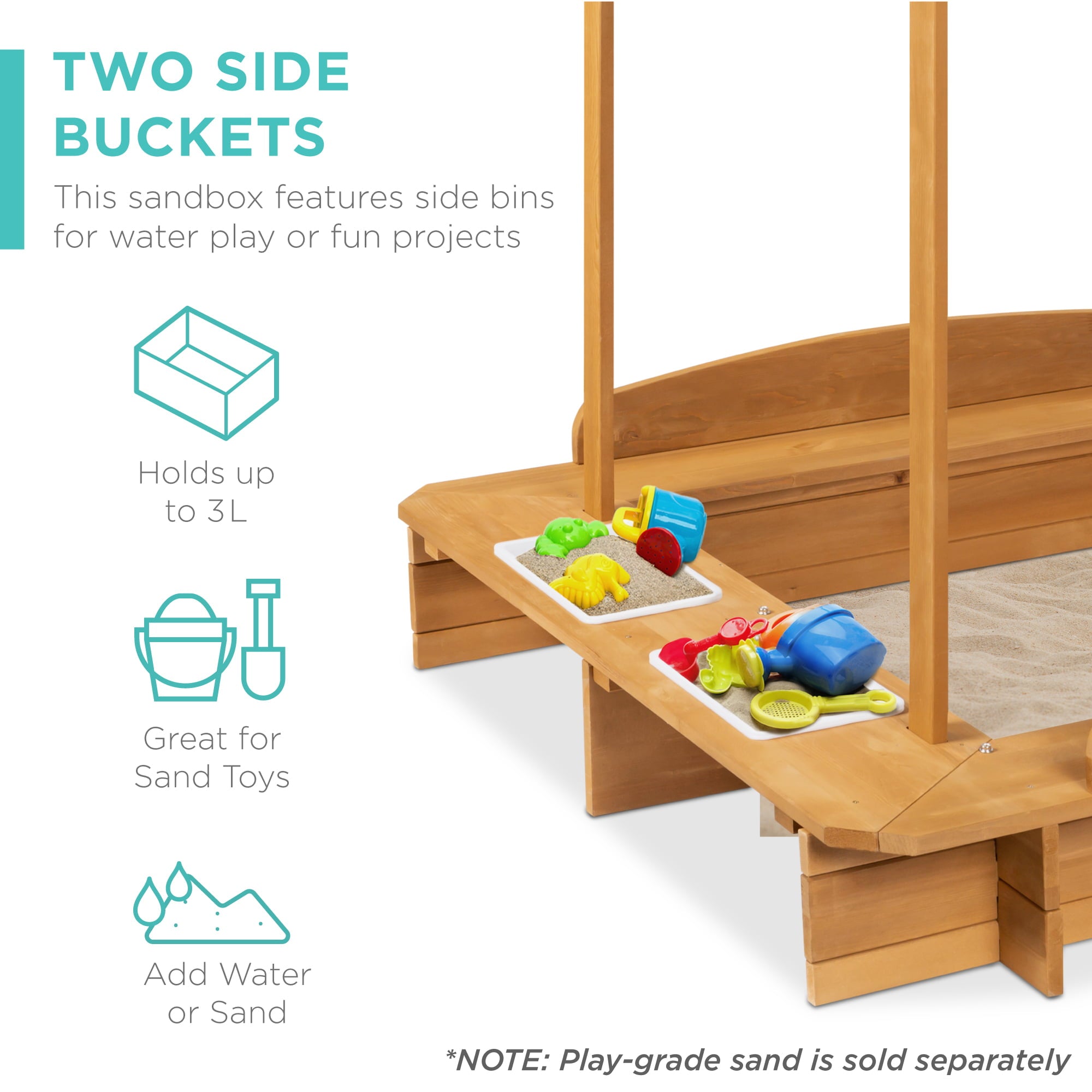 Best Choice Products Kids Wooden Cabana Sandbox w/ Bench Seats， UV-Resistant Canopy， Sandpit Cover， 2 Buckets - Natural
