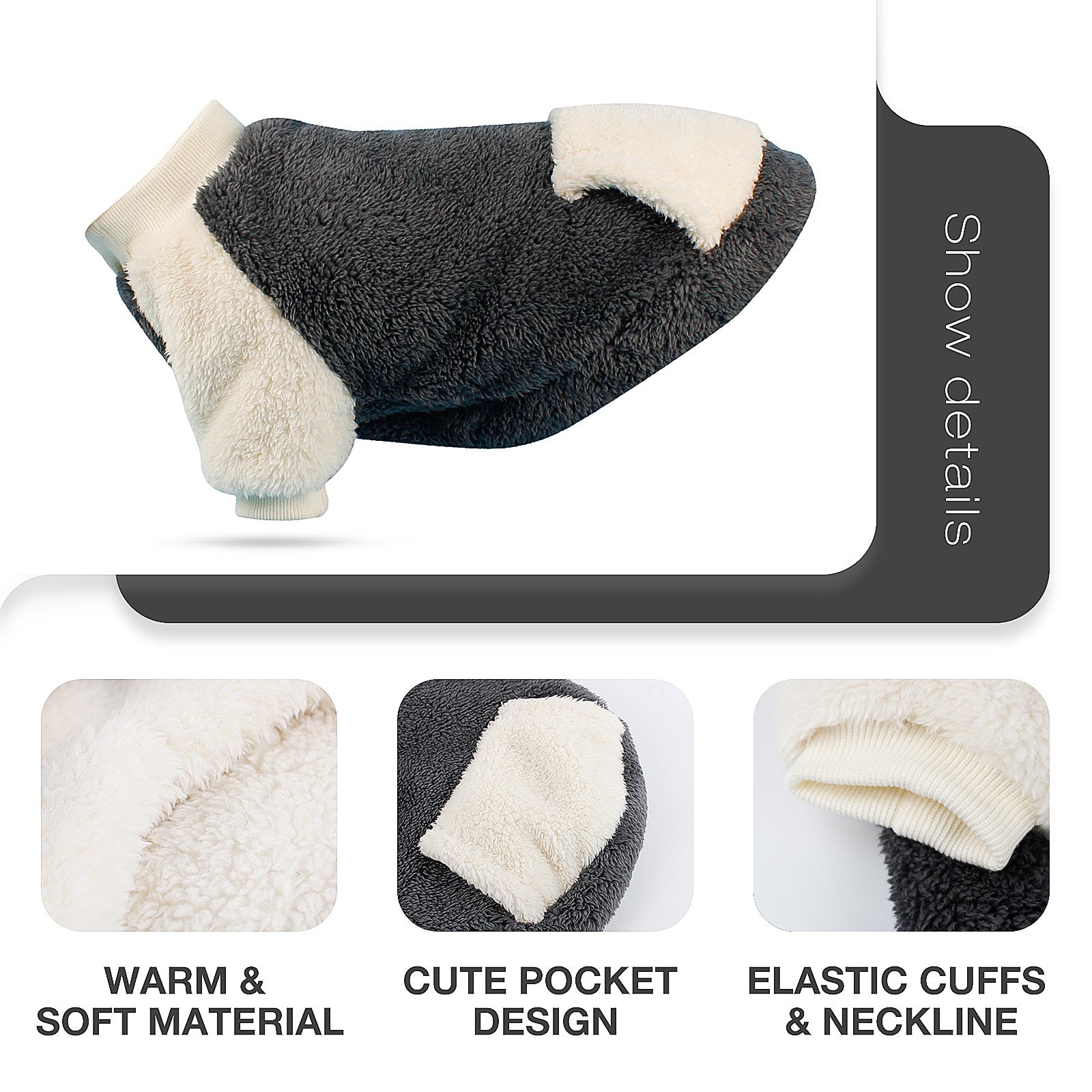 NAMSAN Winter Dog Sweater for Small Dog， Soft Stretch Pet Winter Warm Clothes， Fleece Pullover Doggy Coat Pocket Design Grey