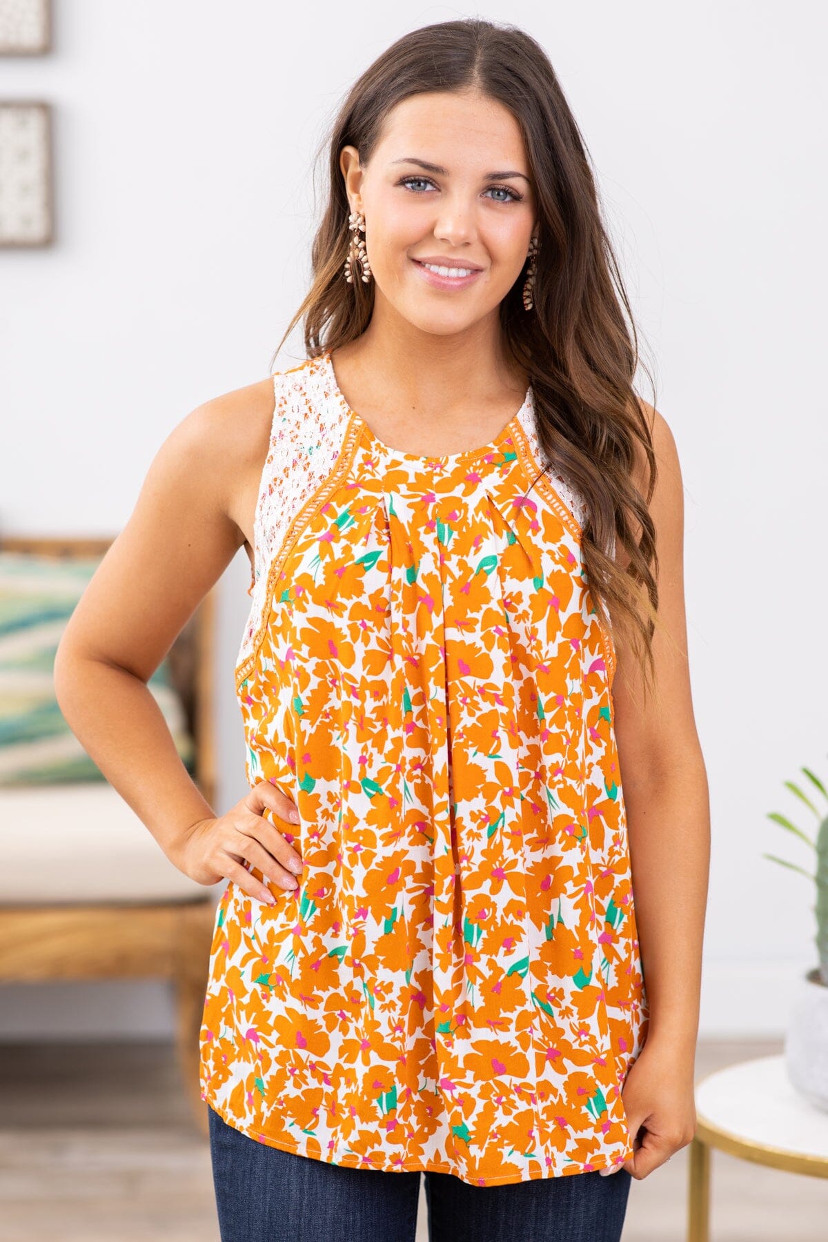 Orange Multicolor Lace Trim Floral Tank