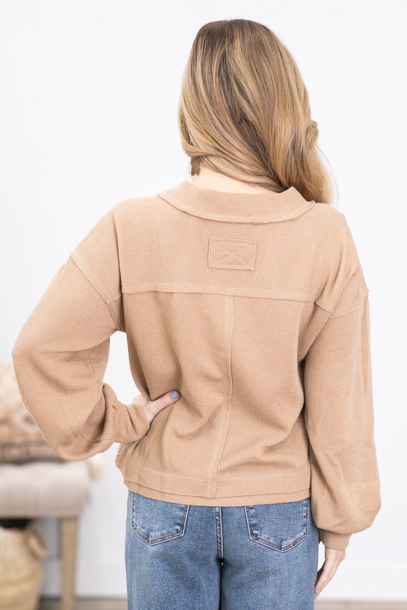 Tan V-Neck Loose Fit Knit Top