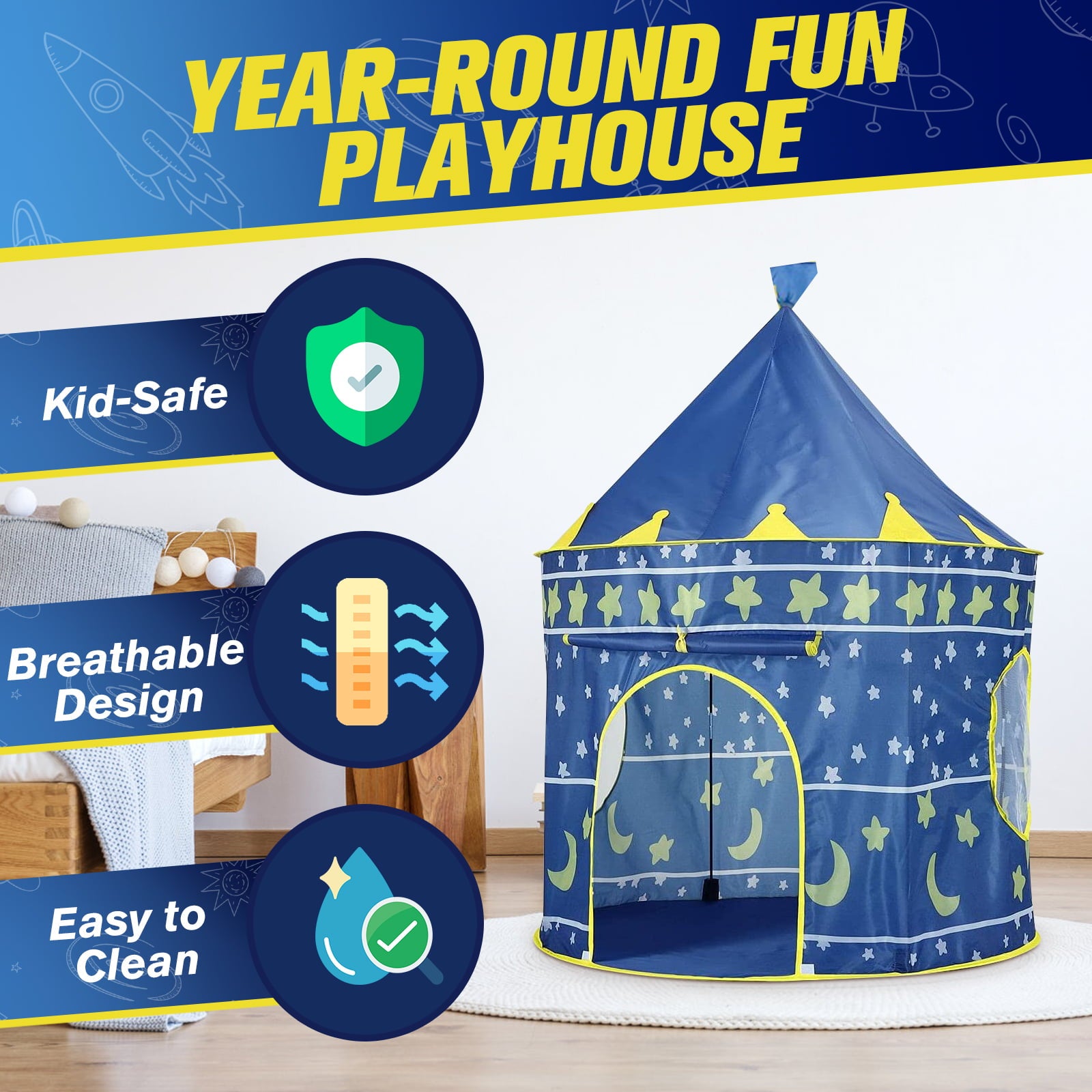 Kids Playing Tents, Foldable Children Yurt Indoor Castle Tent, Large Space Portable Toddler Indoor and Outdoor Playhouse for Kids, Durable Kids Playing Tents for camping, picnics, sleepovers Pink