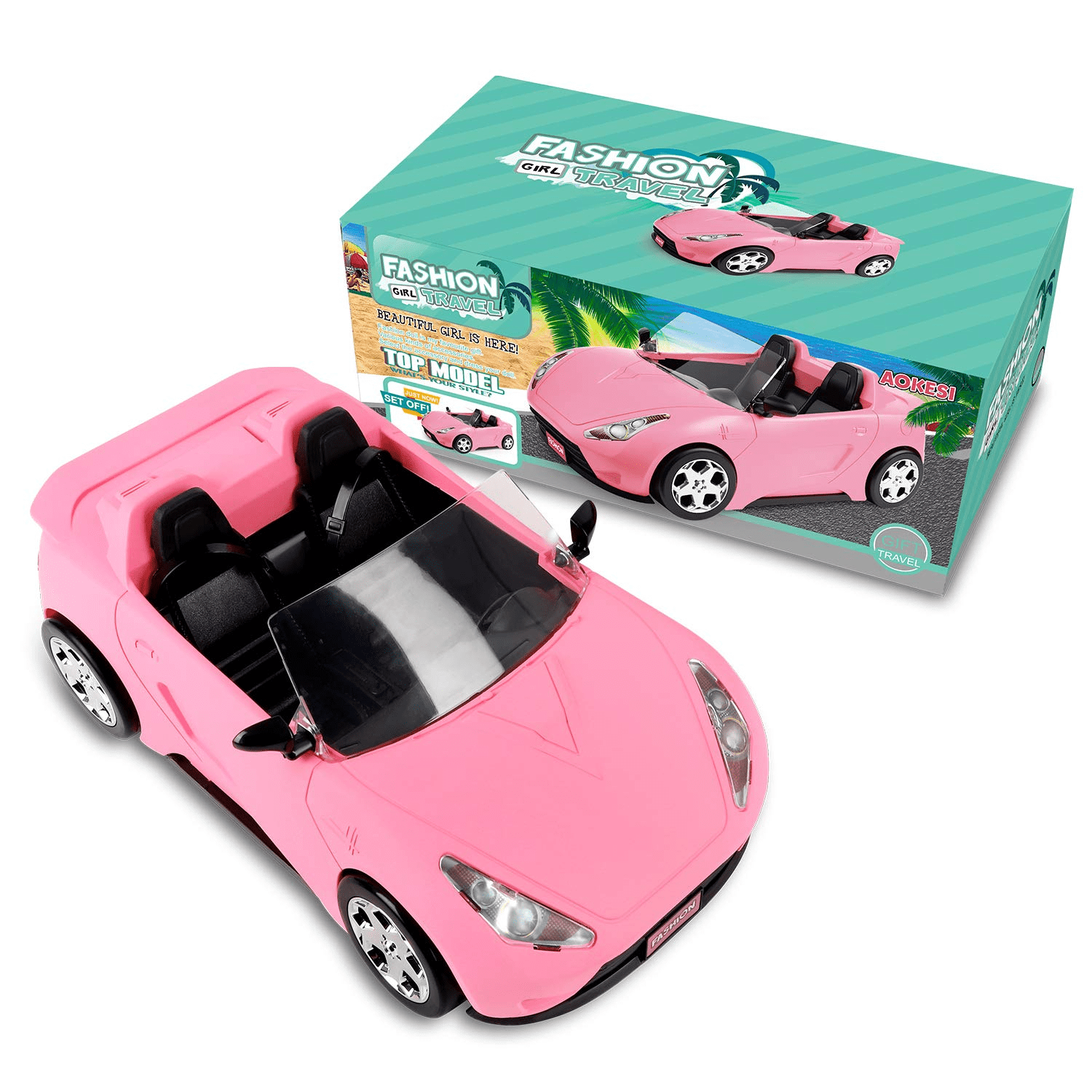 SUPER JOY Convertible Car， Pink Convertible Doll Vehicle with Working Seat Belts Dolls Toy Car for Dolls Accessories Set Great Gift for Girls