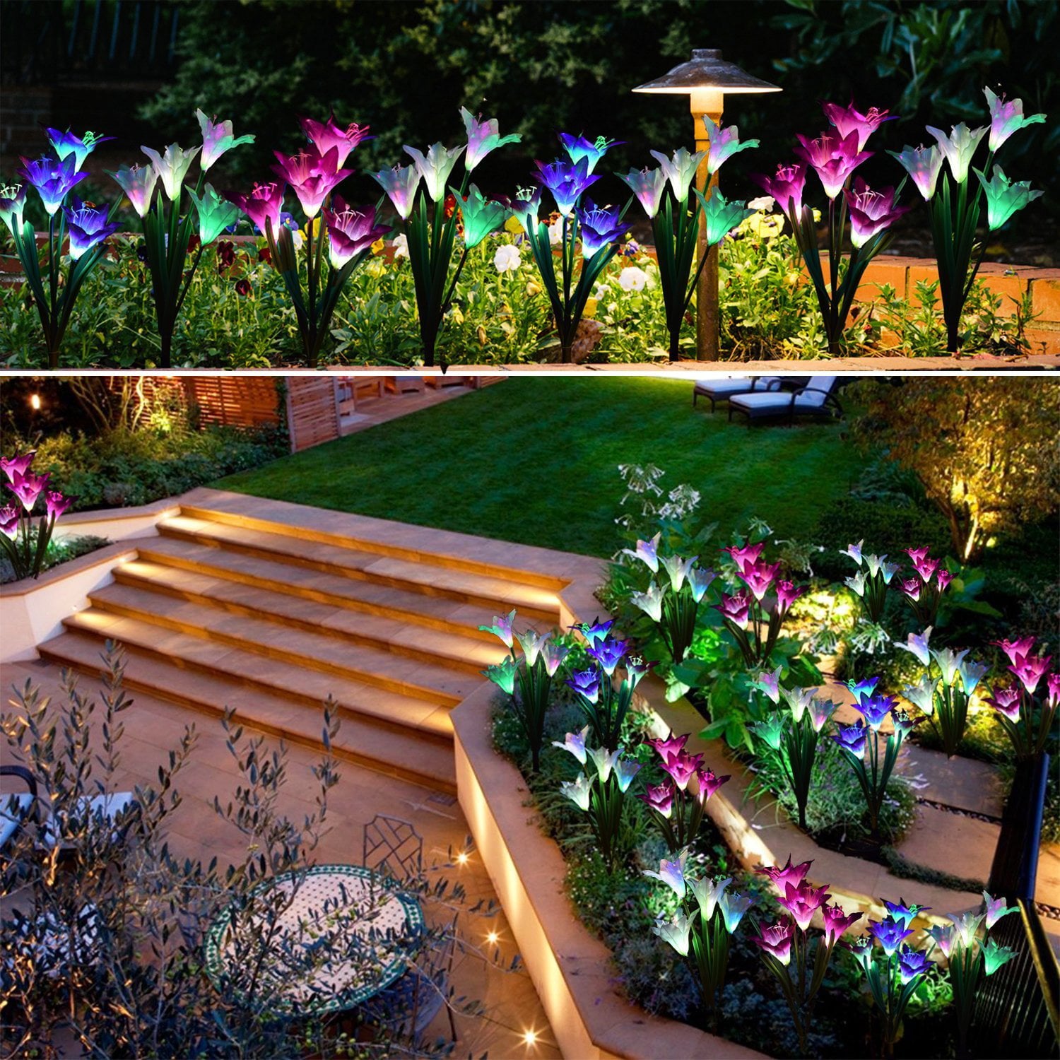 2 Pack Outdoor Solar Garden Stake Lights - Coolmade Solar Powered Lights with 8 Lily Flower， Multi-color Changing LED Solar Stake Lights for Garden， Patio， Backyard (Purple and White)