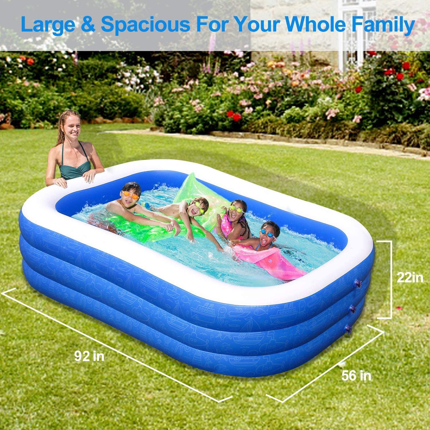 Inflatable Portable Swimming Pool Family Full Size Blow Up Kiddie Pool Play Center 92