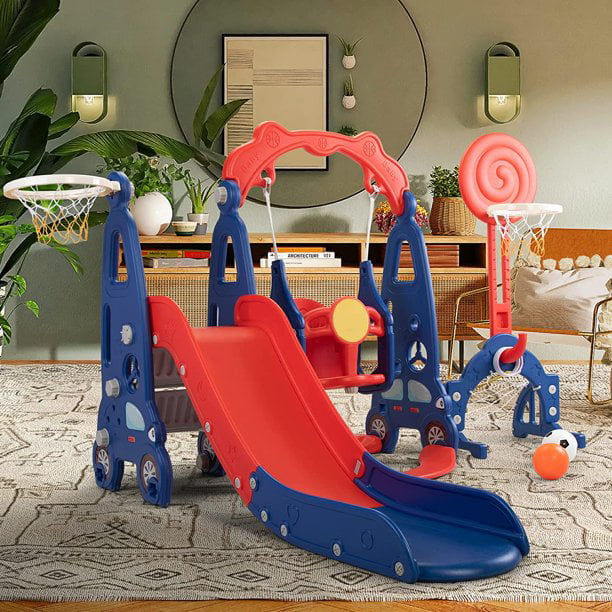 MOCA 5 in 1 Kids Slide for Toddlers Age 1-3 Slide and Swing Set for Children Baby Indoor Outdoor， Playsets Playground Sets for Backyards Plastic(Blue)