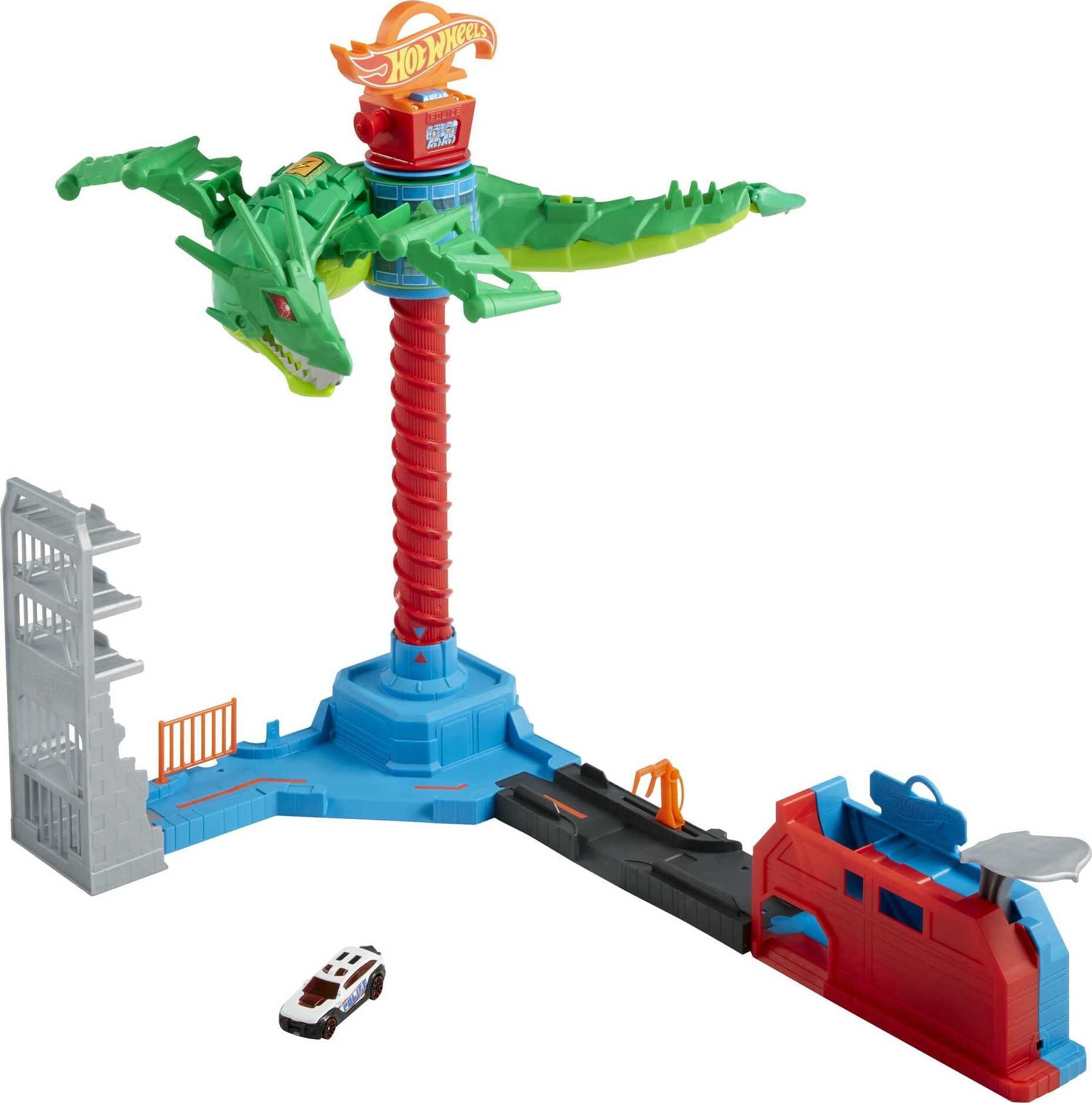 Hot Wheels Air Attack Dragon Track Set， Motorized Robo Dragon with 1 Toy Car in 1:63 Scale