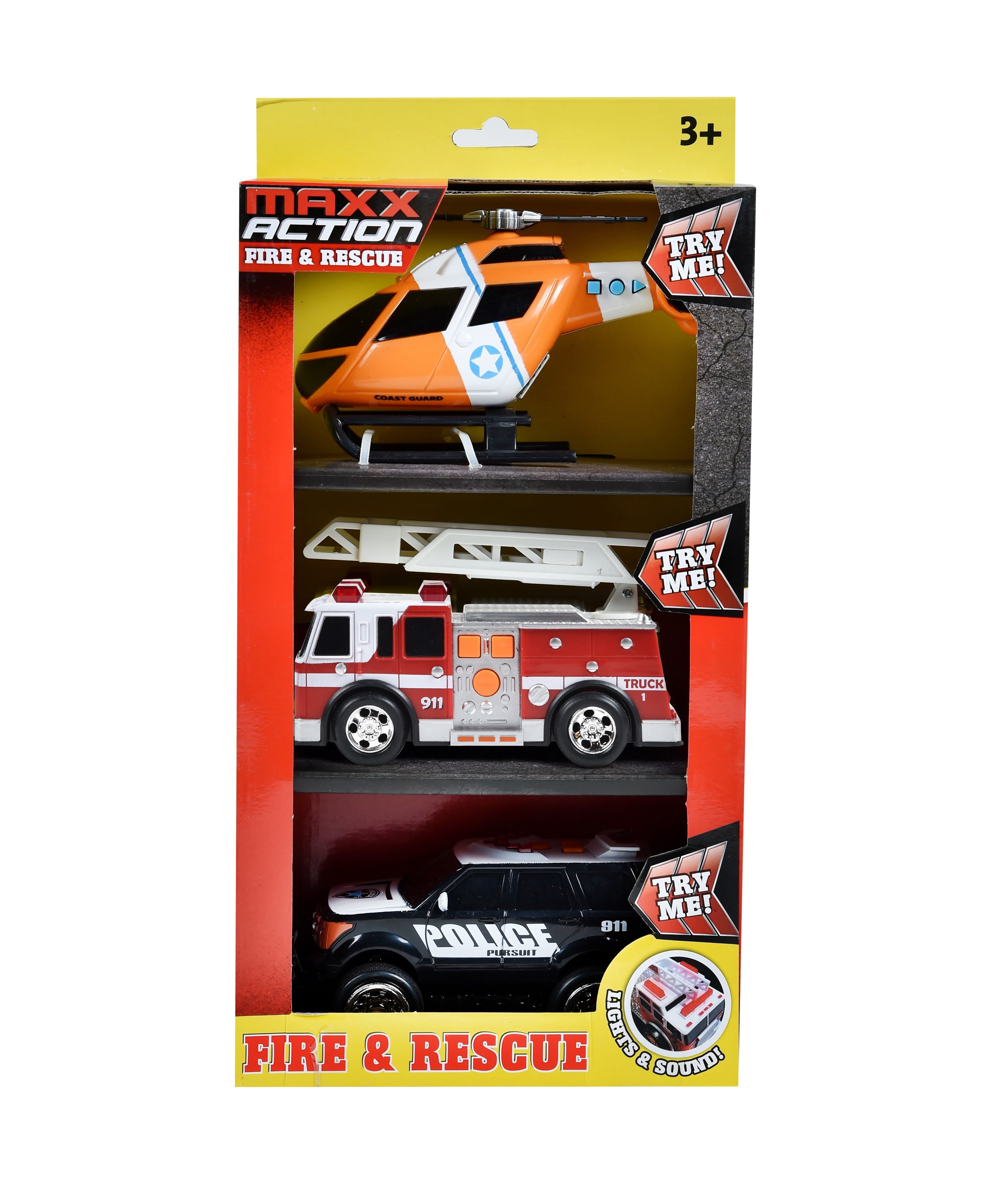 Maxx Action Mini Rescue Lights and Sounds Play Vehicles Set， Firetruck， Police Car and Helicopter