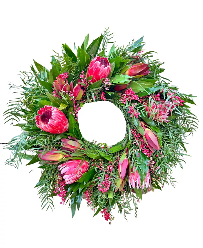 GreenishBlu Fresh Real Bayleaf， Pepperberry and Pink Ice Proteas Spring Wreath