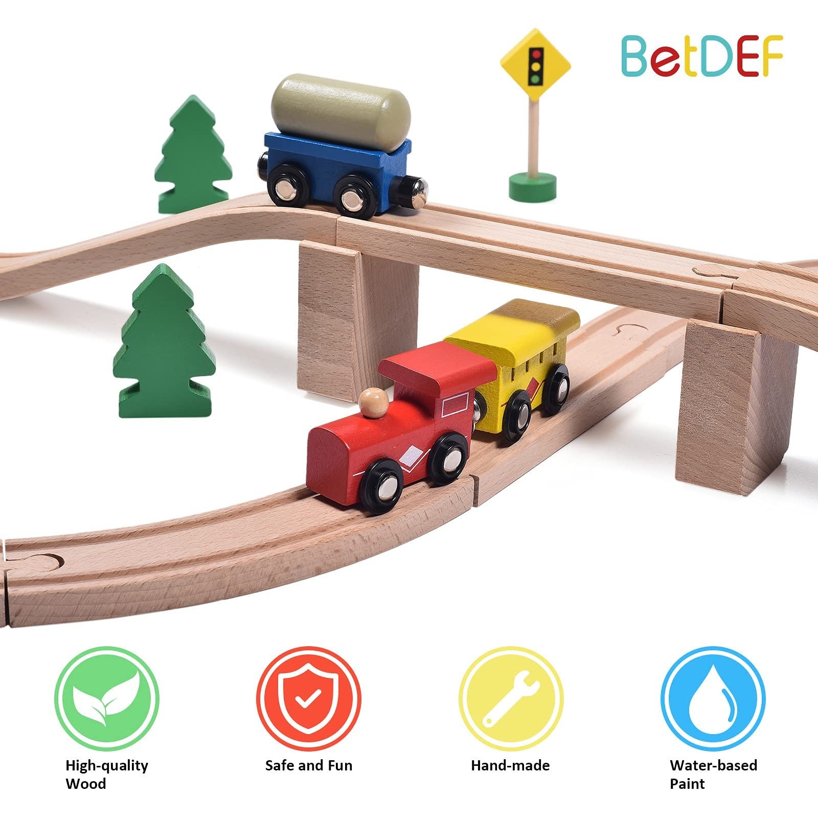 BetDEF Wooden Train Set，39 Pcs-with All-Wood Train Tracks with Double Sided Wooden Tracks and Color Box for 3+ Year Old Boys and Girls Toddler-Fits Thomas Brio Melissa and Doug…