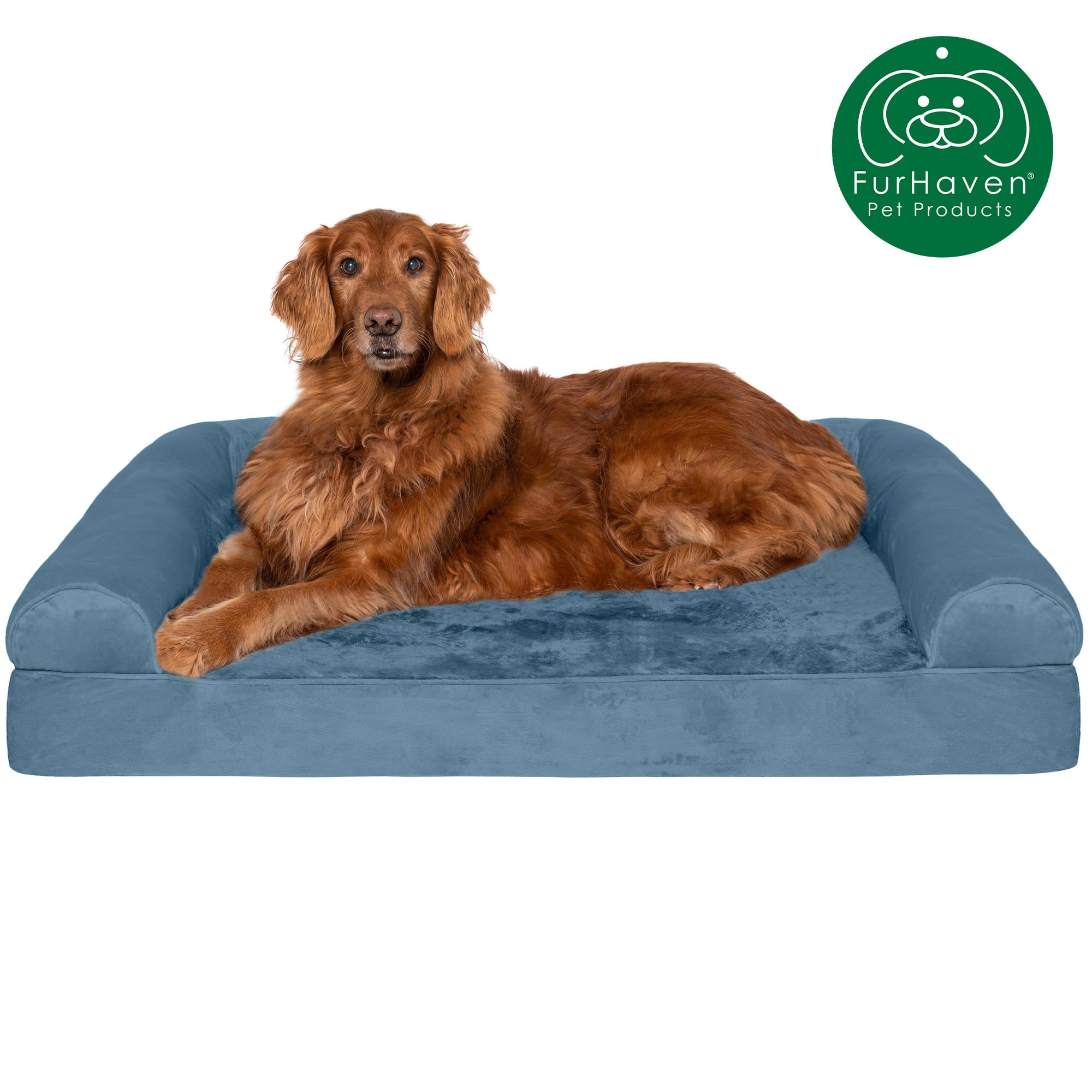 FurHaven | Orthopedic Faux Fur and Velvet Sofa Pet Bed for Dogs and Cats， Harbor Blue， Jumbo