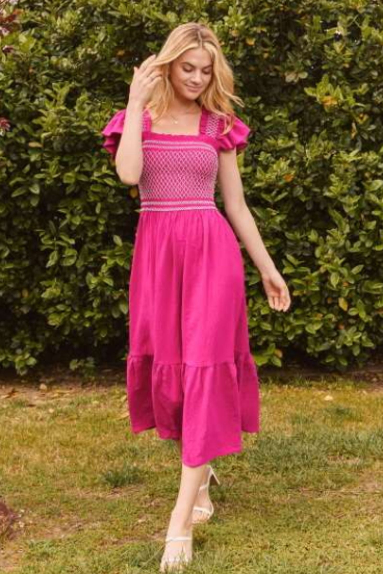 PRE-ORDER Pink Solid Smocked Flutter Sleeve Midi Dress shipping apx 4/30