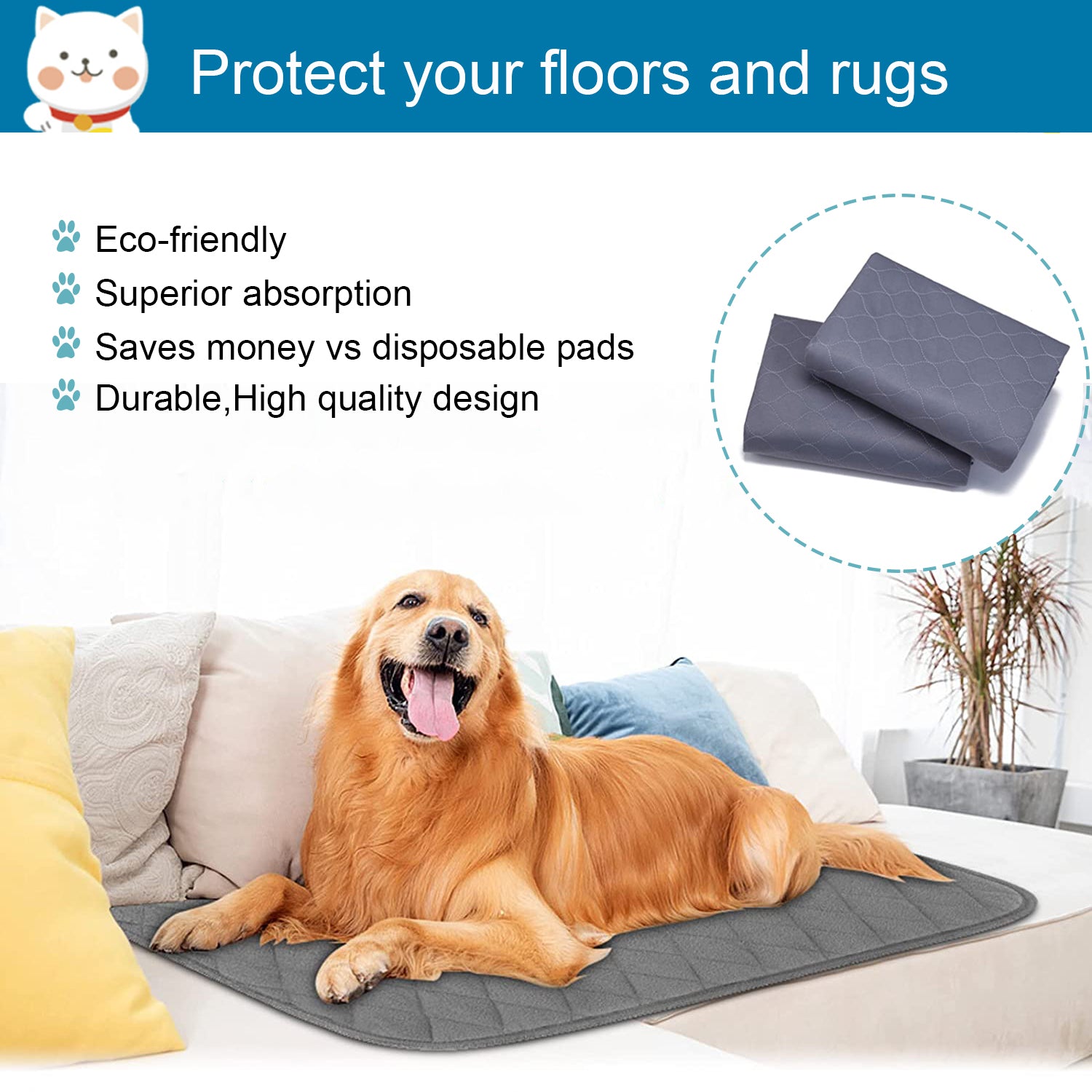 Washable Pee Pads for Dogs，Extra Absorbent Layered Waterproof Pet Mat，Reusable Puppy Training Pad (2-Pack)