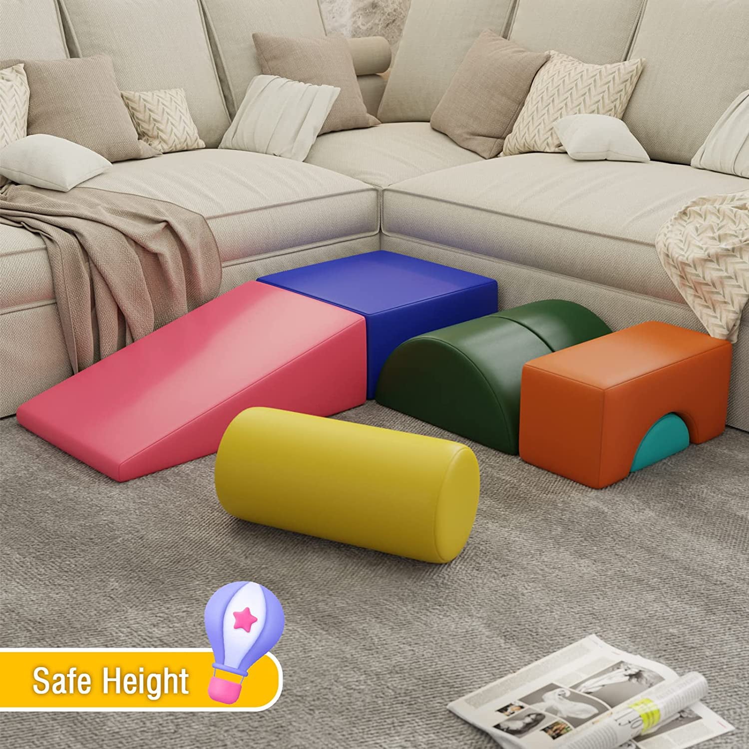 6-Piece Kids Soft Play Corner Climbers Foam Play Set Indoor Climbers for Toddler 1-3，Pink/Blue