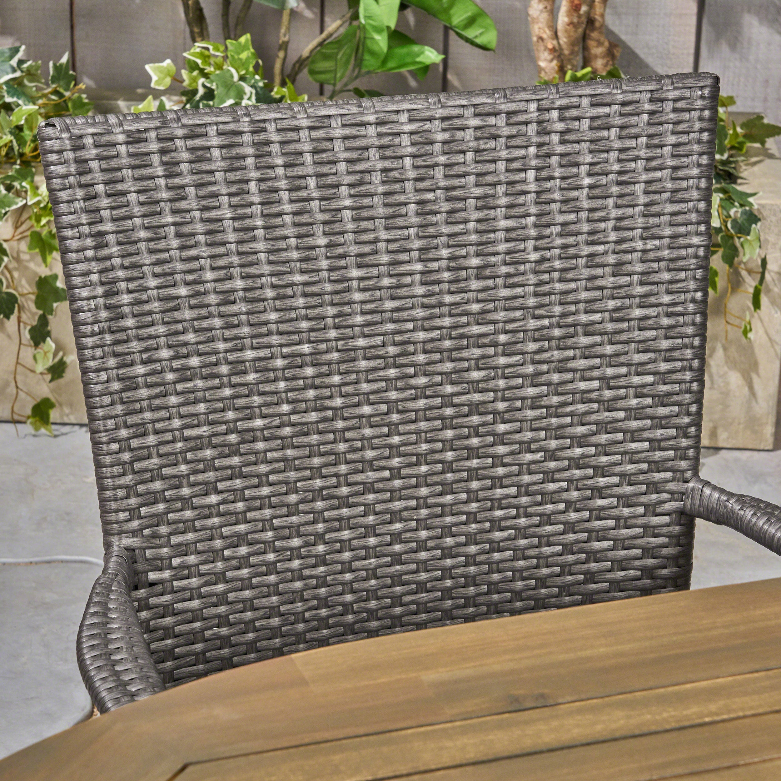 Elle Outdoor 7 Piece Acacia Wood Dining Set with Stacking Wicker Chairs