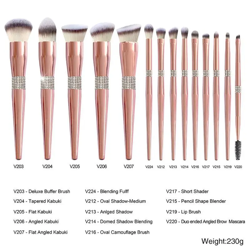 14pcs Rose Gold Diamond Cosmetic Brushes Set Shiny Rhinestone Makeup Brush Set