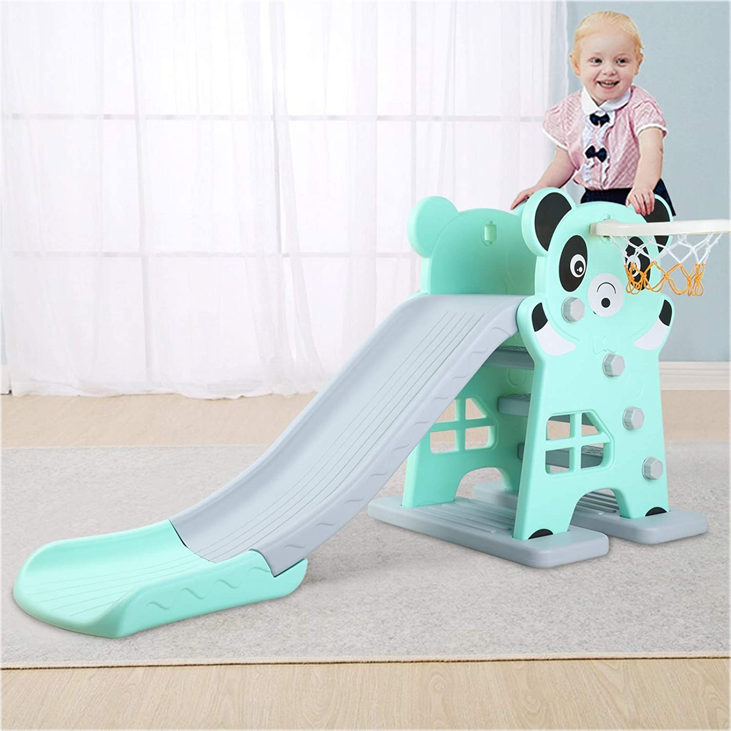 LAZY BUDDY Sturdy Kids Slide with Basketball Hoop and Ball， Toddler Slide Play Climber Outdoor Indoor Playground