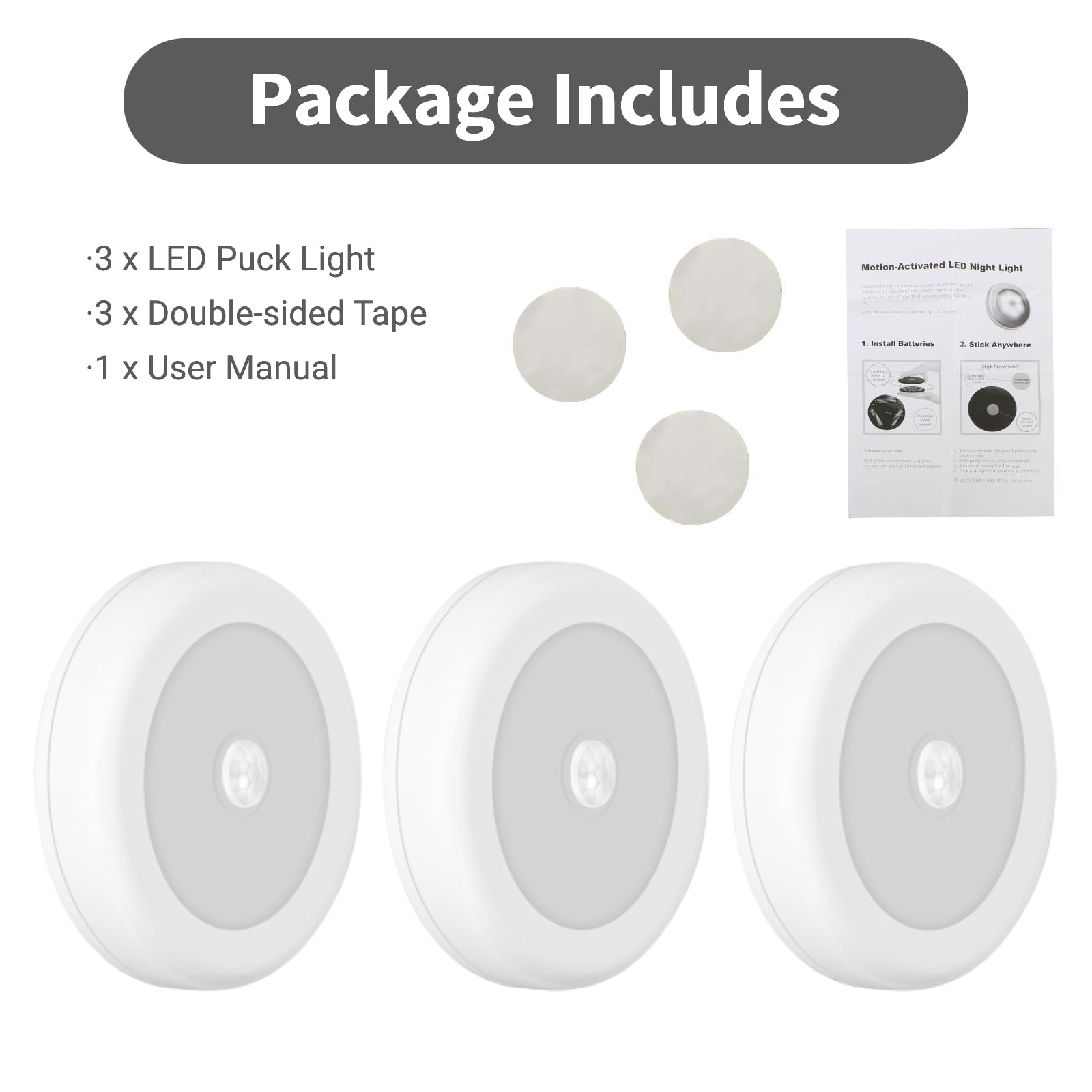TSV 3Pcs Motion Sensor 6 LED Closet Light， Hallway Stair Step Light， White