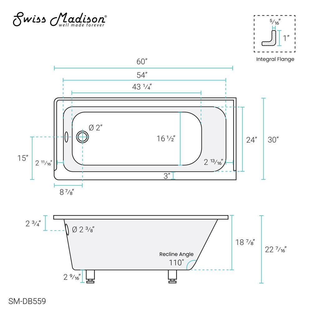 Swiss Madison Voltaire 60 x 30 in Acrylic LeftHand Drain with Integral Tile Flange Rectangular Dropin Bathtub in White