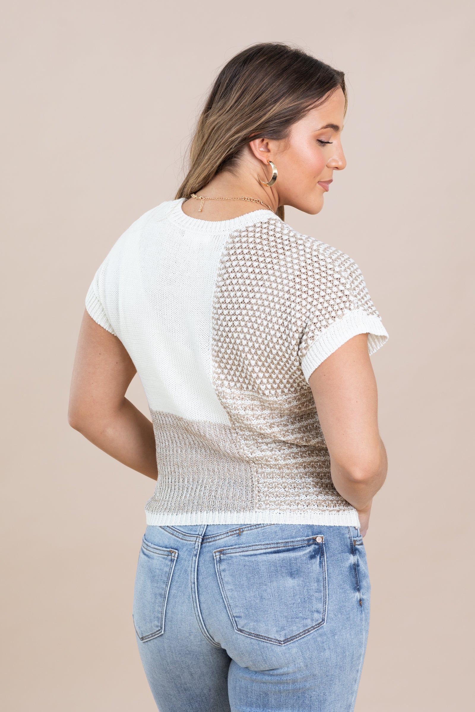Ivory And Taupe Colorblock Knit Top