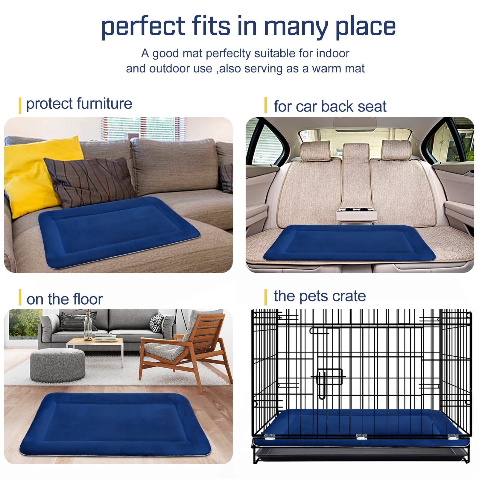 Hero Dog Large Dog Bed Crate Mat 47 in Washable Pet Beds Soft Dog Mattress Anti-Slip Kennel Mats (Dark Blue)