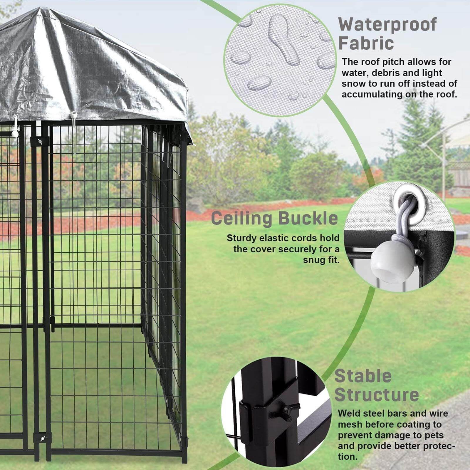 NiamVelo 8'x4'x6' Large Dog Kennel Heavy Duty Playpen Welded Dog Cage with Water-Resistant Cover， Outdoor Dog Fence Crate for Backyard， Black