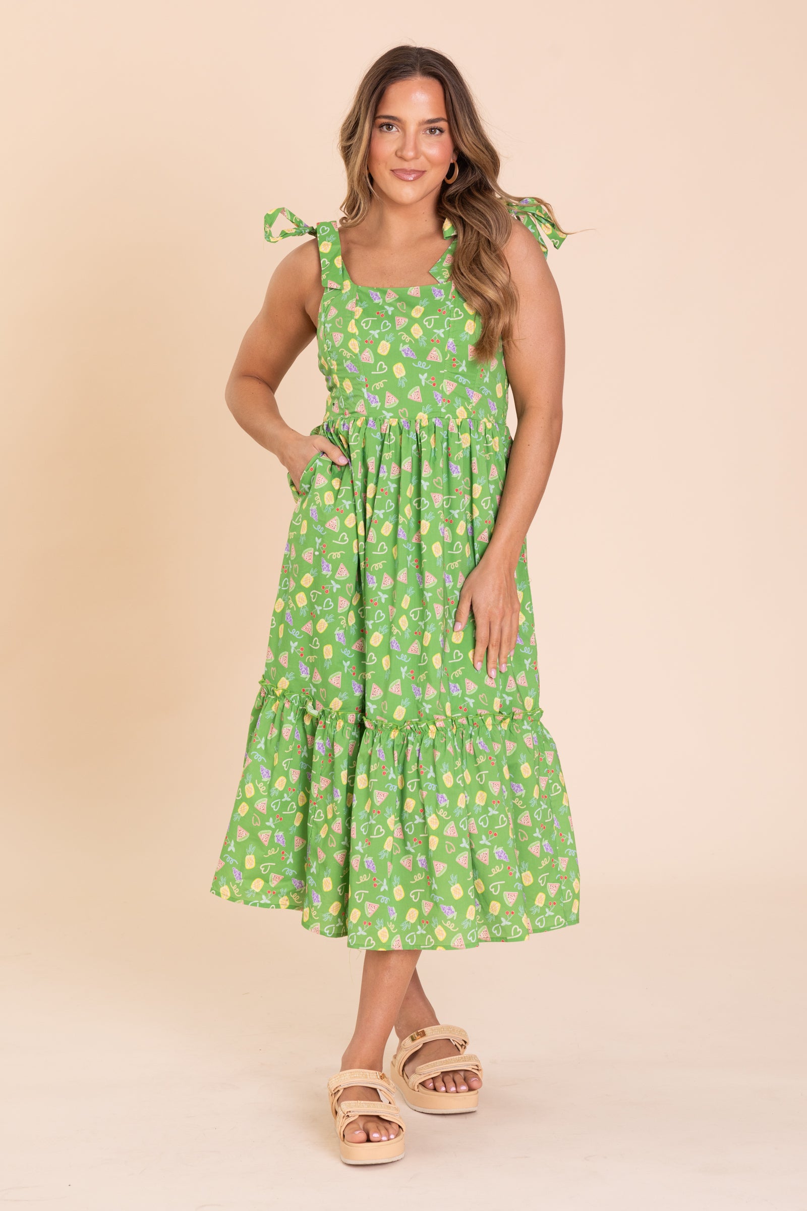 Green With Fruit Tiered Midi Sundress
