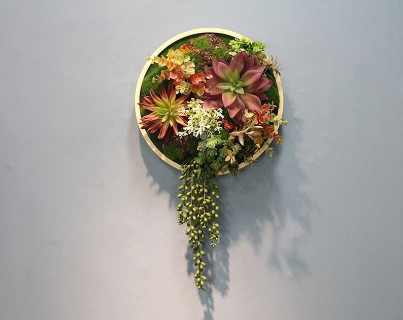 Realistic Faux Artificial Succulents Living Wall Art Decor Wood Framed