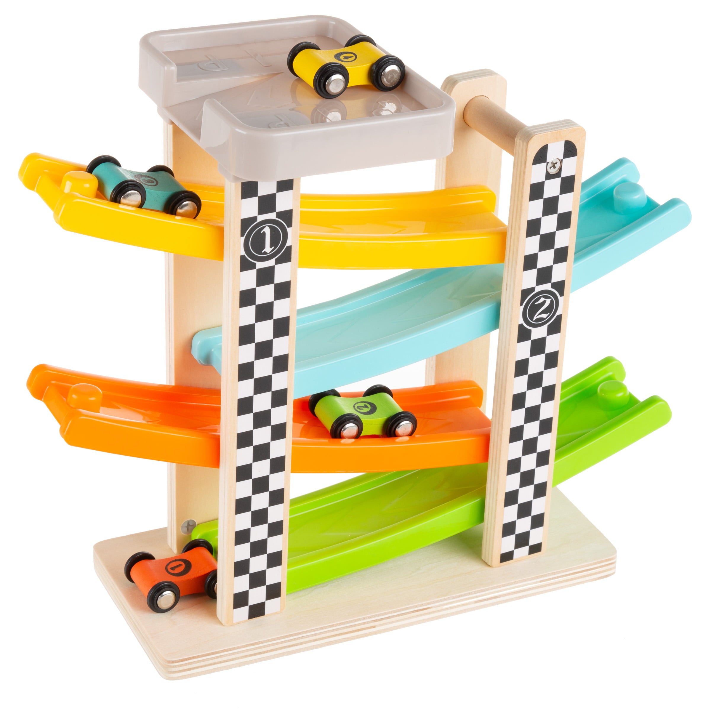 Toy Race Track and Racecar Set- Wooden Car Racer with 4 Colorful Cars by Hey! Play!