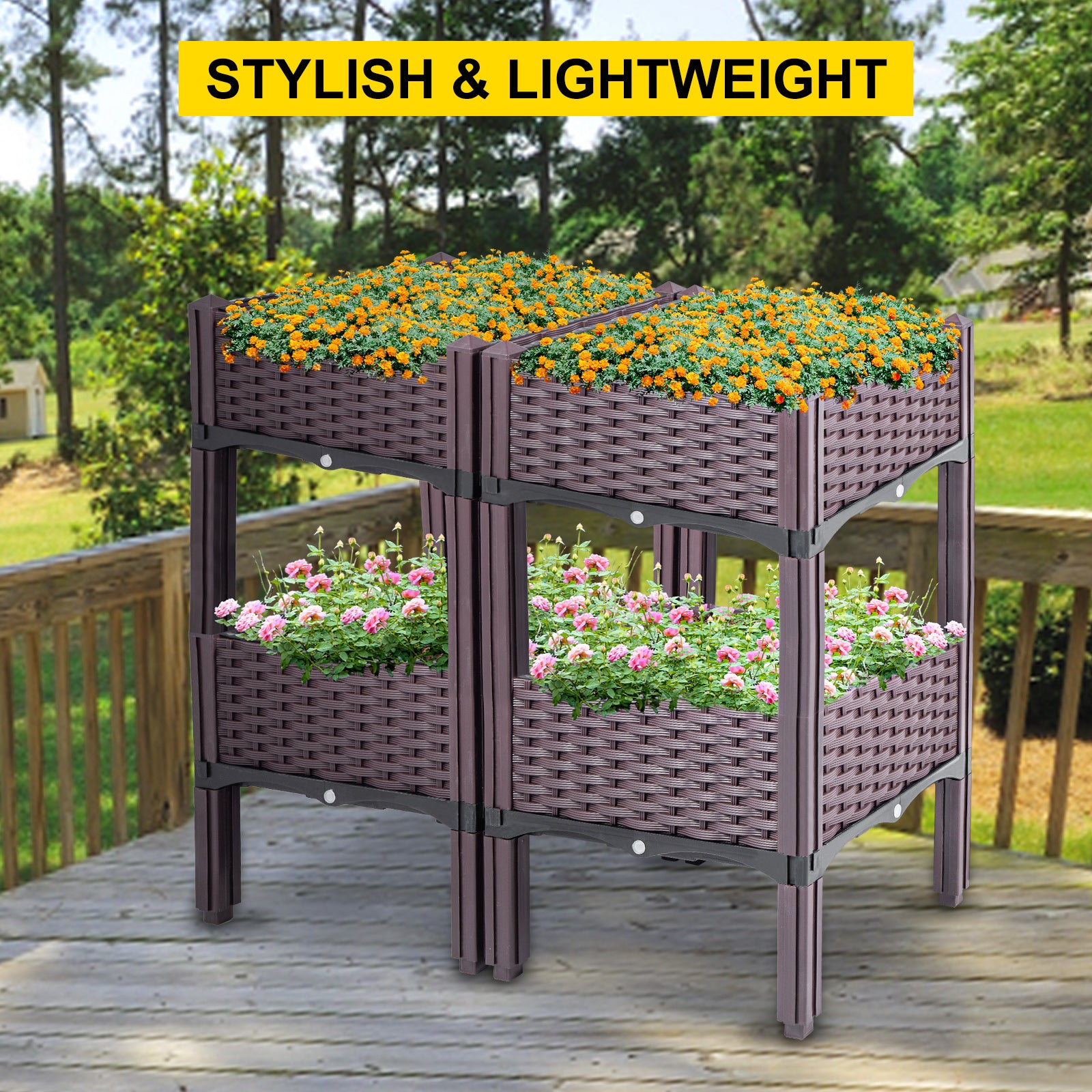 VEVOR Raised Plastic Garden Bed, Set of 4 Elevated Planter Box , 15.7"H Square Flower Bed Box Kit, Elevated Raised Garden Planter with Legs for in/Outdoor