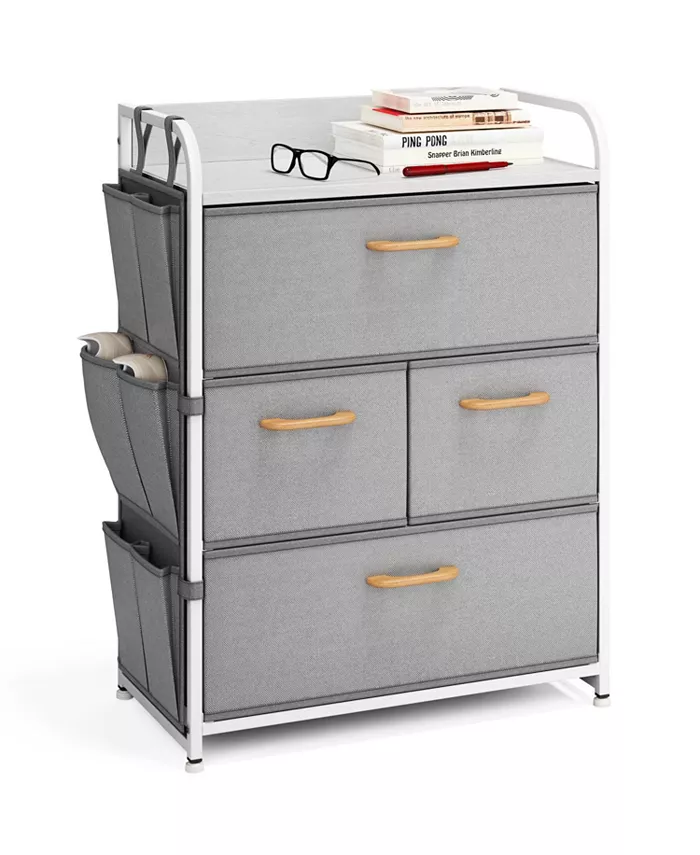 Nestl Heavy Duty Small 4 Drawer Fabric Dresser Organizer for Bedroom， Nursery， Closet with Shoe Rack， Easy to Pull Wood Handles Textured Wood Top