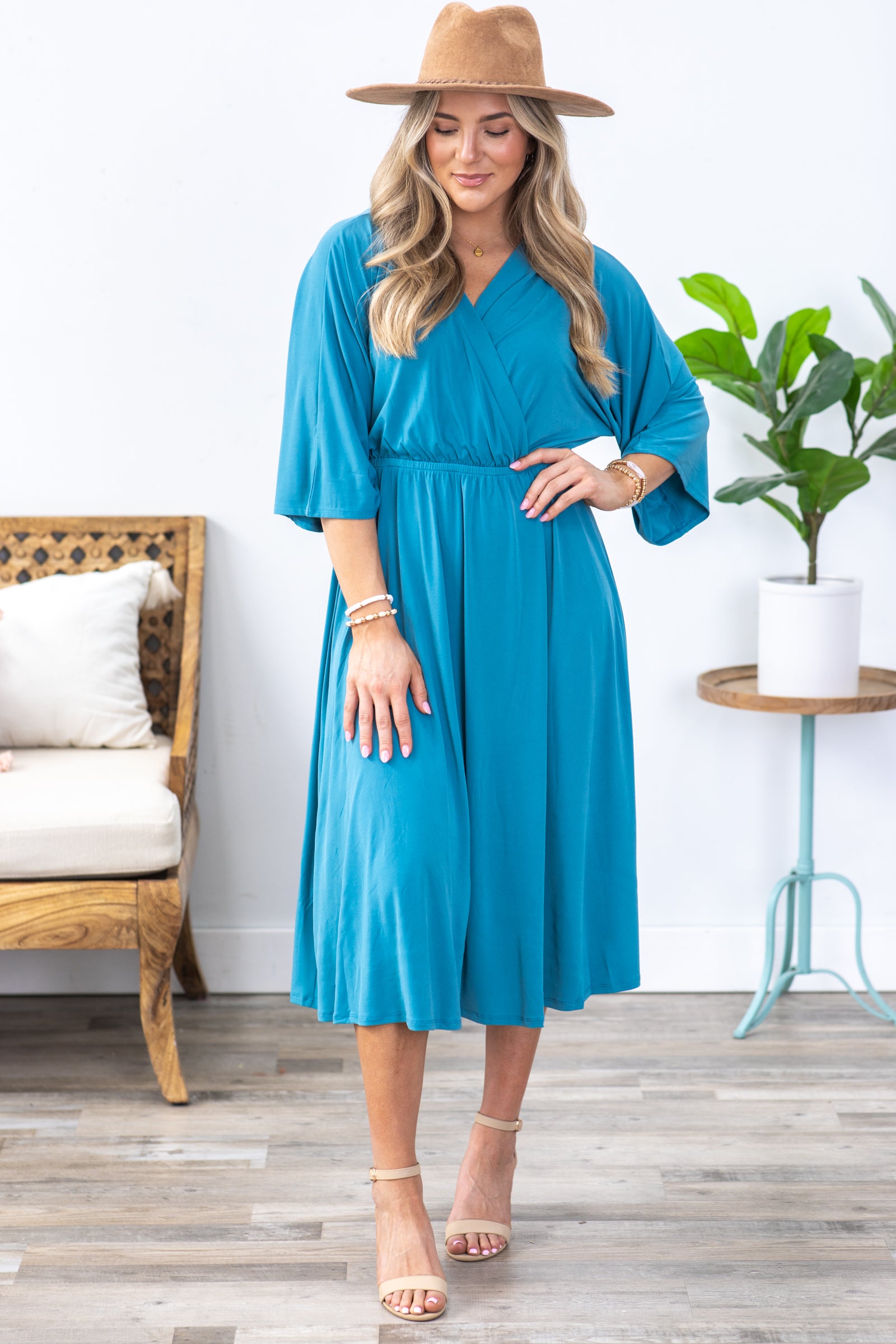Dusty Teal Surplice Midi Dress