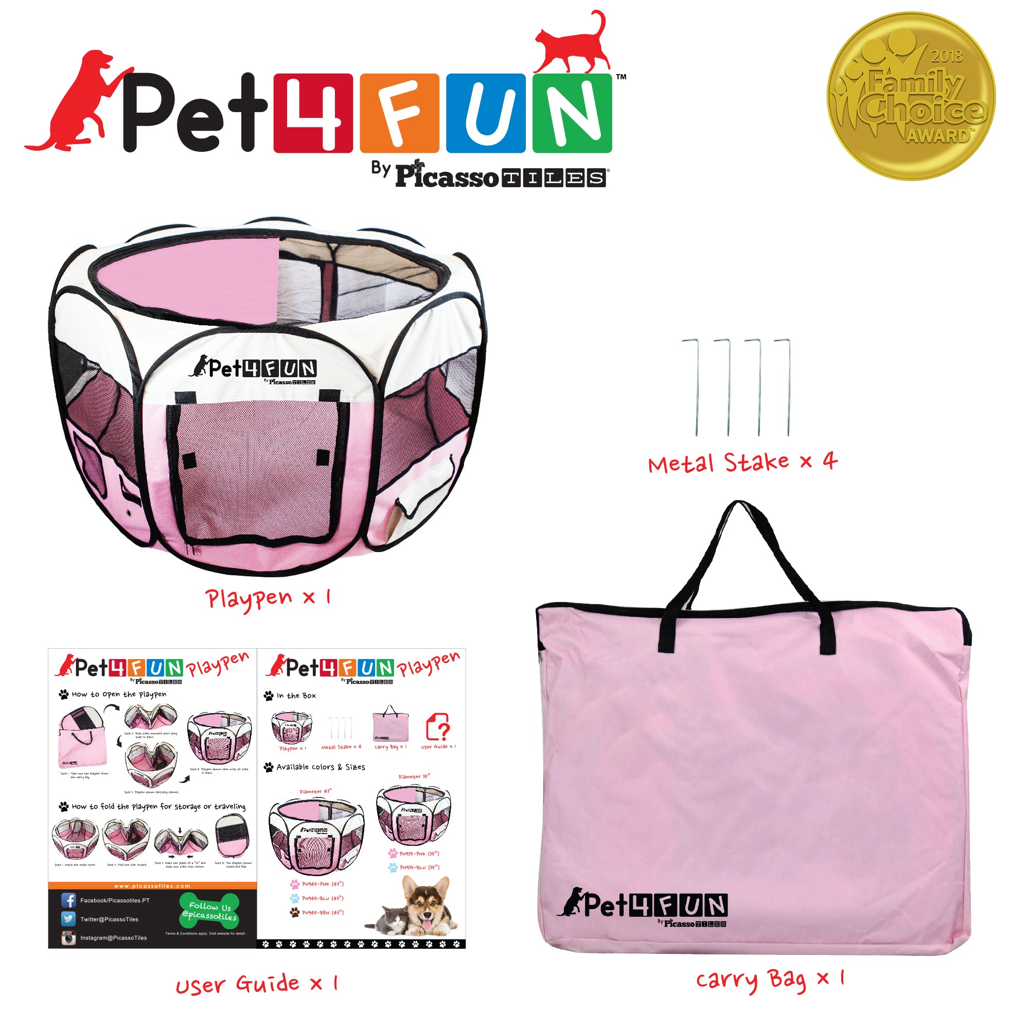 PicassoTiles Pet4Fun Portable Dog Playpen， Pink， 35