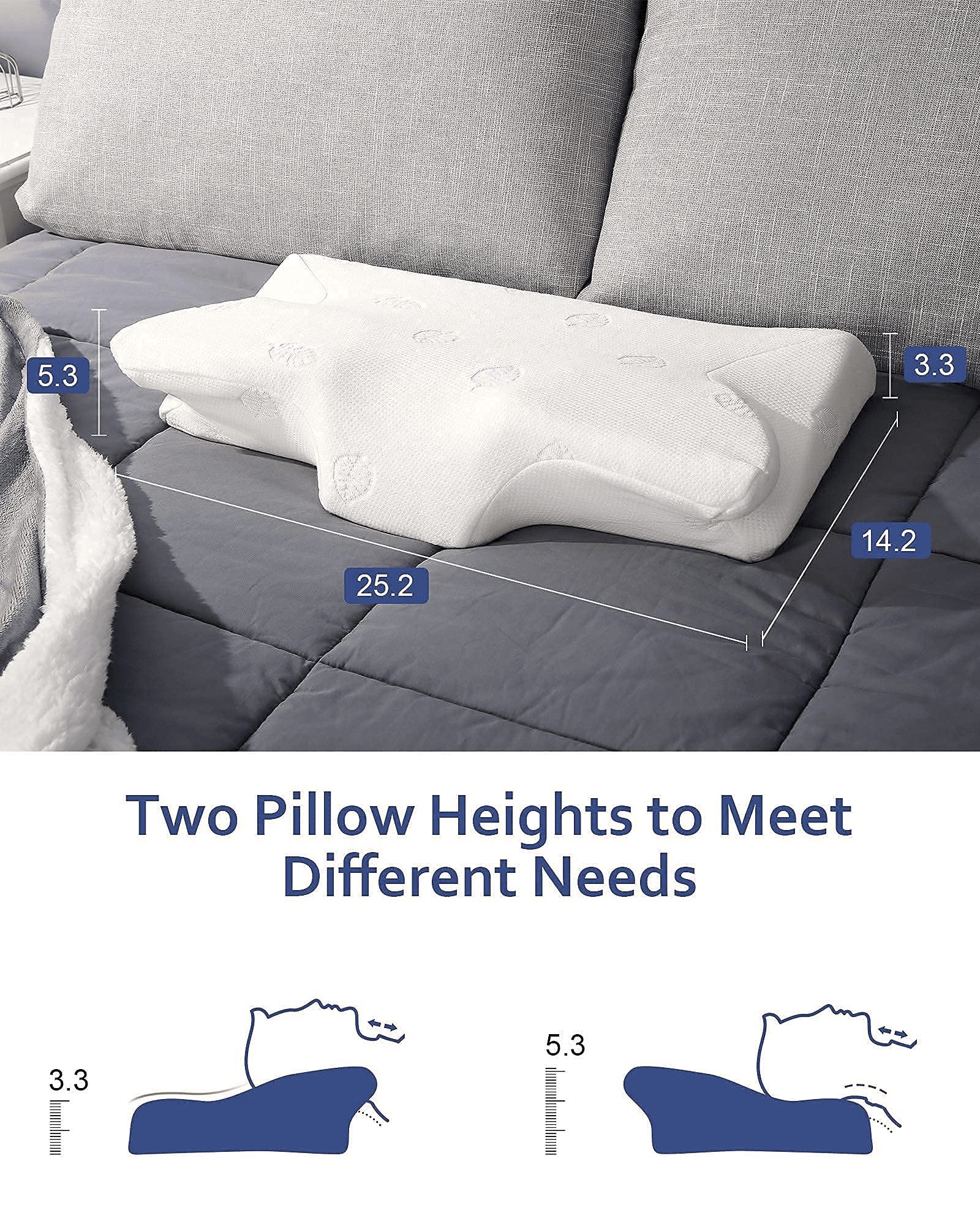 MARNUR Memory Foam Pillow Cervical Orthopedic Pillow, for Side Back Stomach Sleeper, Washable Cover, White