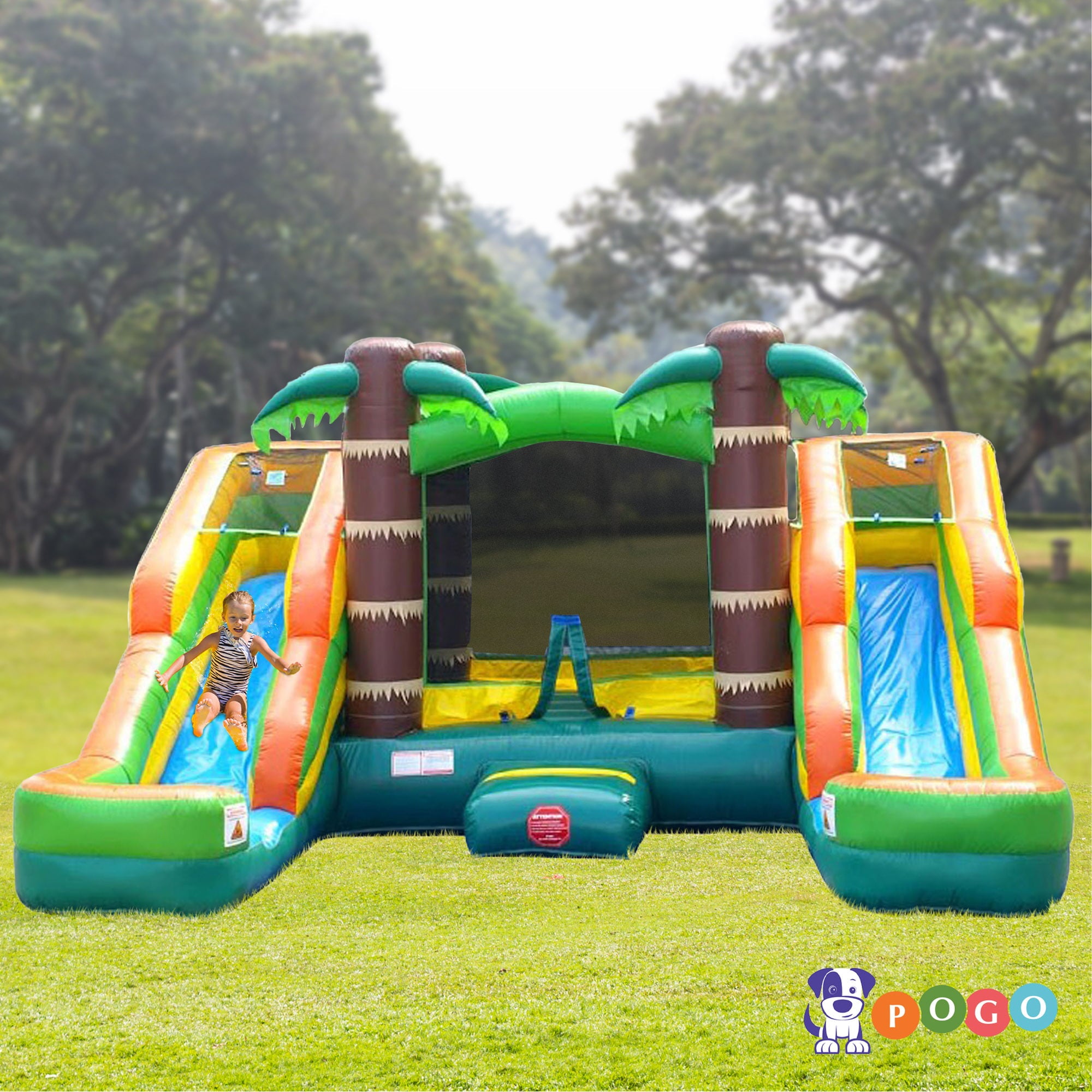 Pogo Bounce House Crossover Tropical Inflatable Double Water Slide Bounce House， Backyard Party Package